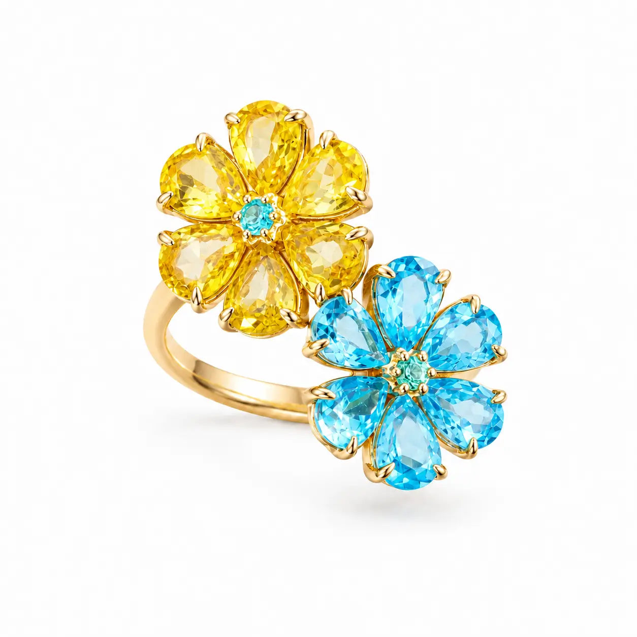kai fine jewelry Flora 6.56 ctw Natural Yellow Sapphire, Apatite & Emerald Double Blossom Ring (One-of-a-Kind)
