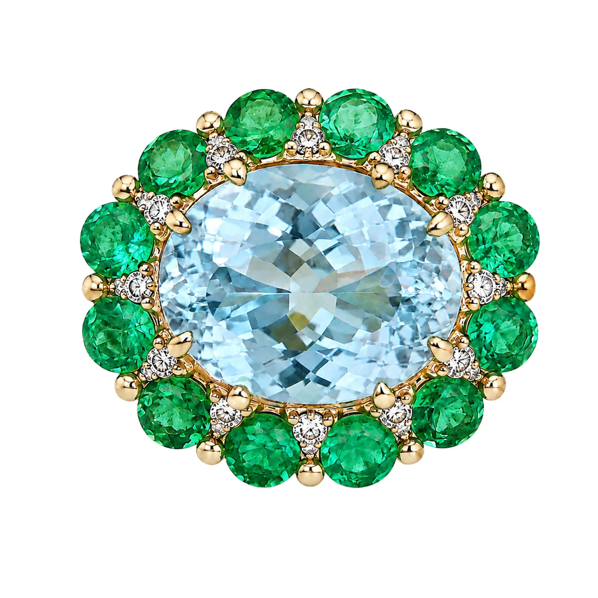 Kai Fine Jewelry Belle Halo 8.19 ctw Guild Certified Natural Aquamarine Emerald & Diamond East-West Ring Size 7 (One-of-a-Kind)