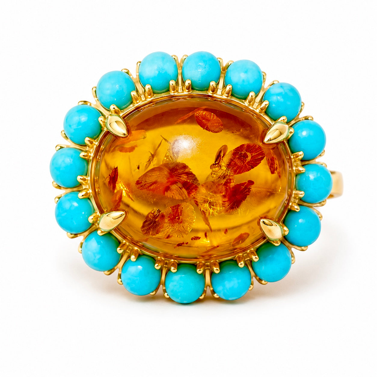 Eden Halo 3.10 ctw Natural Amber & Turquoise East-West Ring (One-of-a-Kind)