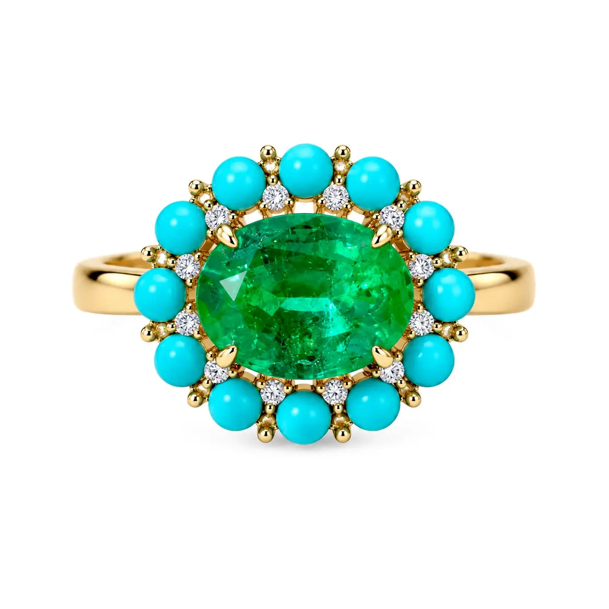Belle Halo 1.94 ctw AIGS Certified Natural Emerald, Turquoise & Diamond East-West Ring (One-of-a-Kind)