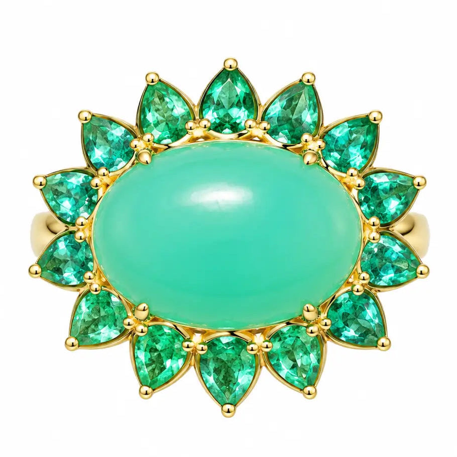 14k yellow gold Bloom Halo 8.49 ctw Natural Australian Chrysoprase & Emerald East-West Ring (One-of-a-Kind)
