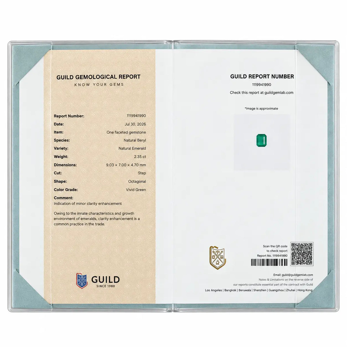 certificate of Aria Arch 2.35 ct Guild Certified Natural Emerald East-West Ring (One-of-a-Kind)