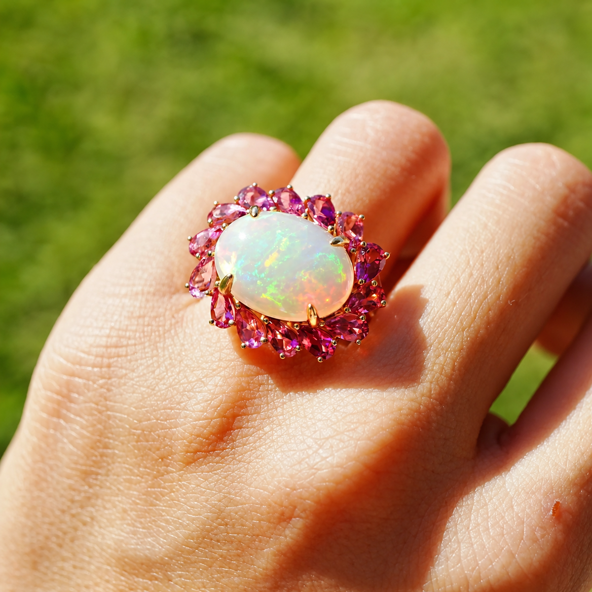 Sunlight Halo 7.03 ctw Natural Opal & Pink Tourmaline East-West Ring (One-of-a-Kind)