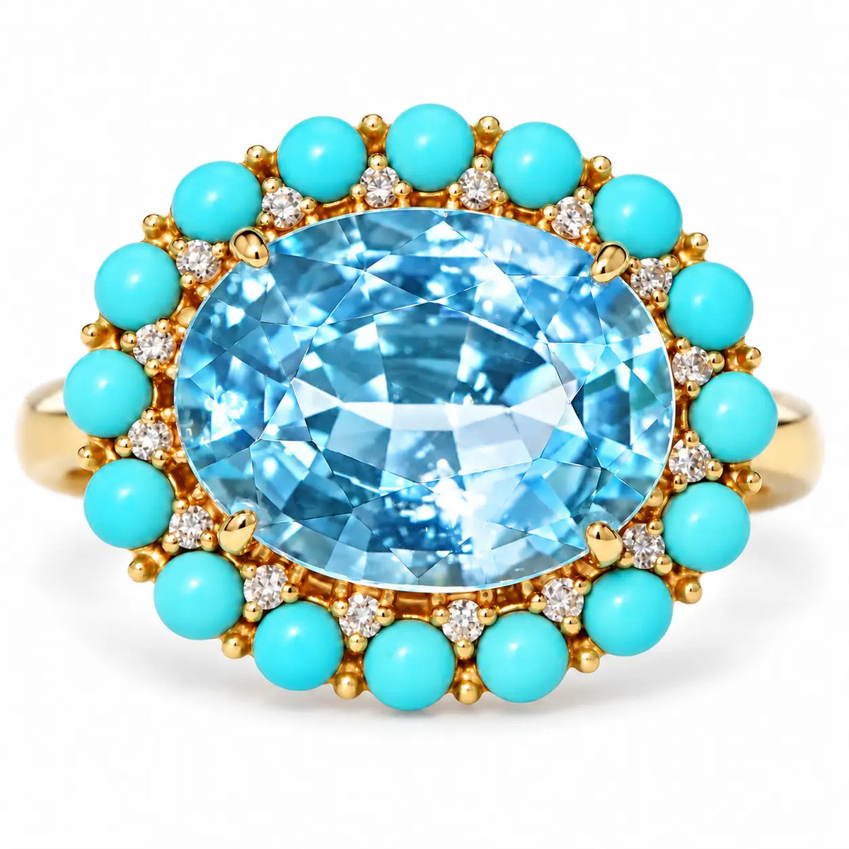 Belle Halo 3.79 ctw Natural Aquamarine, Turquoise & Diamond East-West Ring (One-of-a-Kind)