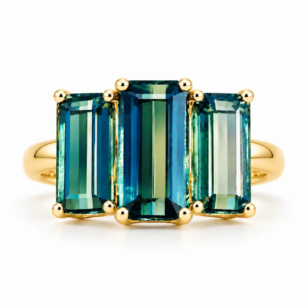 14k yellow gold Eden Trio 4.91 ctw Natural Teal Blue-Green Tourmaline Three-Stone Ring (One-of-a-Kind)