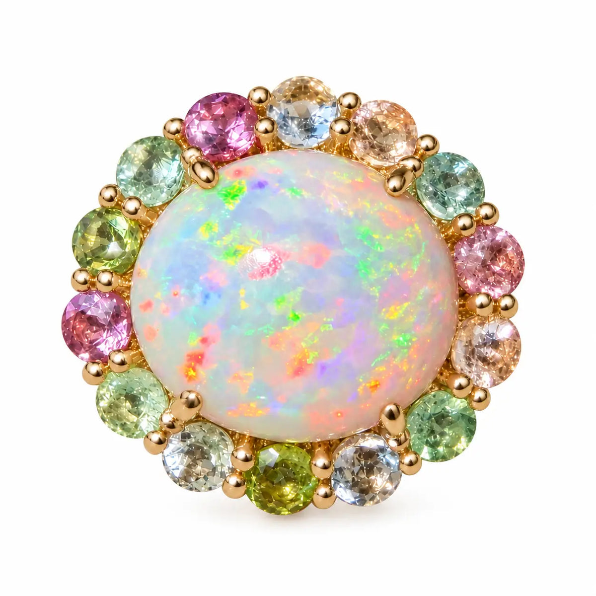 14k yellow gold Eden Halo 6.96 ctw Natural Opal & Pastel Tourmaline East-West Ring (One-of-a-Kind)