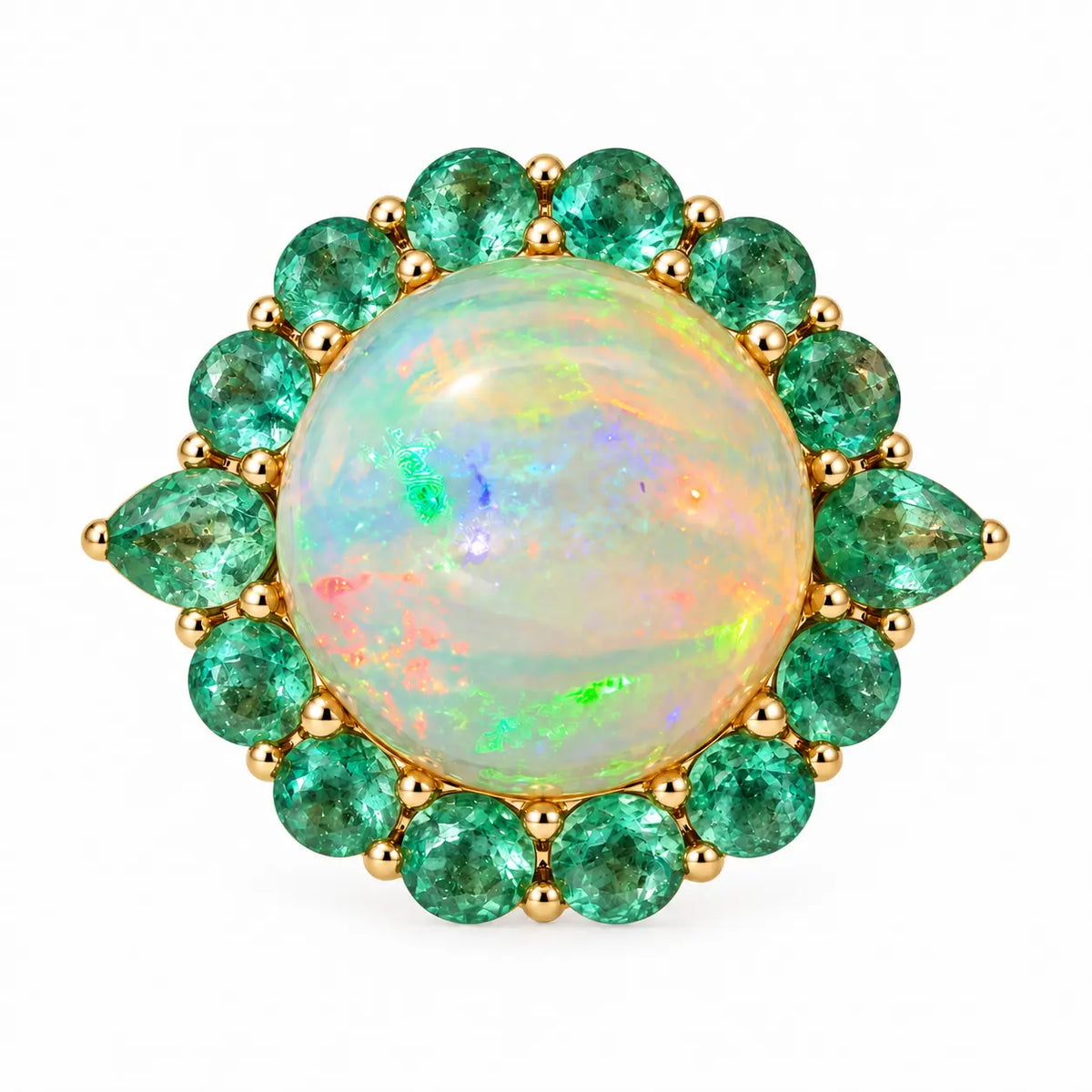 14k yellow gold Eden Halo 8.05 ctw Natural Opal & Emerald East-West Ring (One-of-a-Kind)