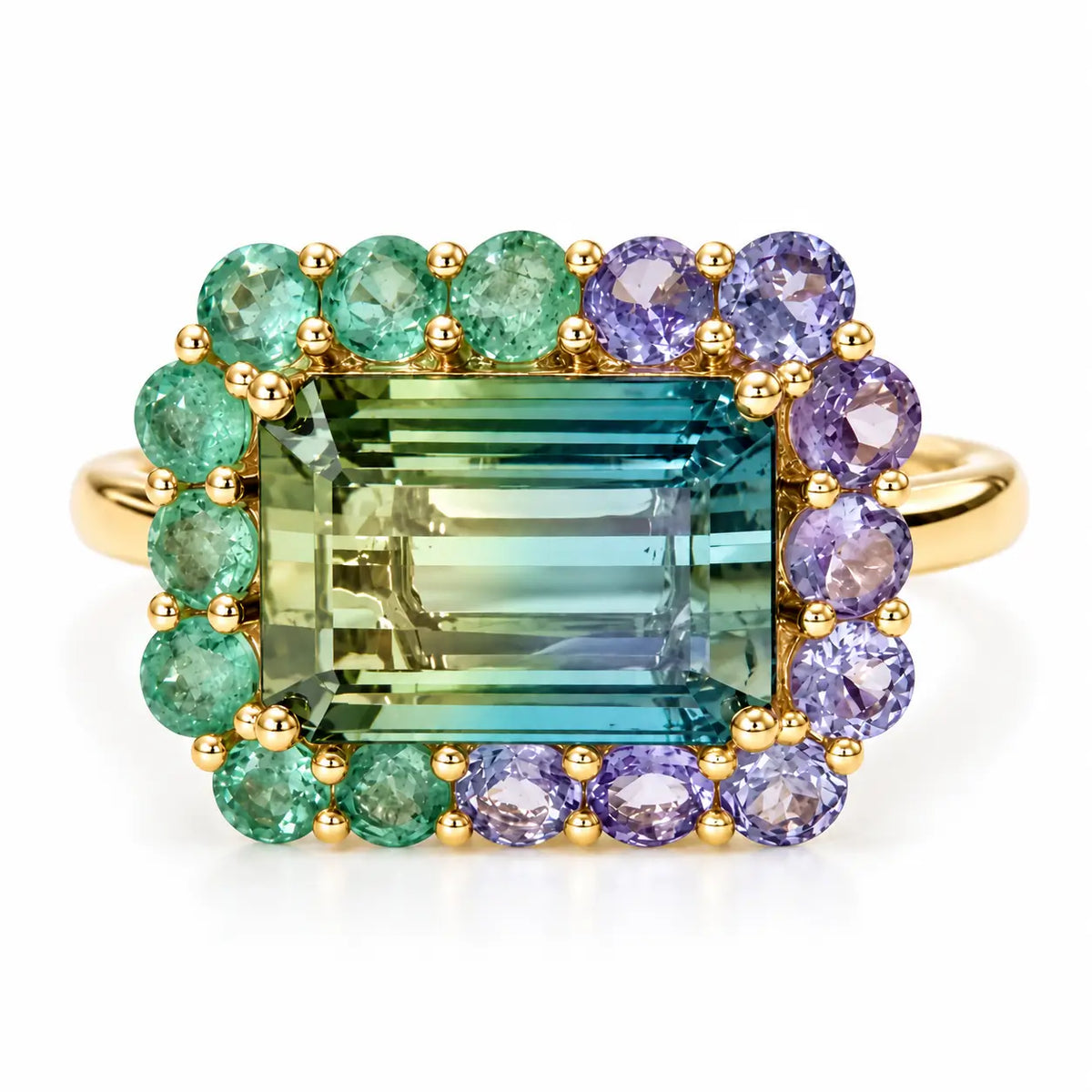 14k yellow gold Eden Halo 4.36 ctw Natural Bi-Color Teal Toumaline, Emerald & Tanzanite East-West Ring (One-of-a-Kind)