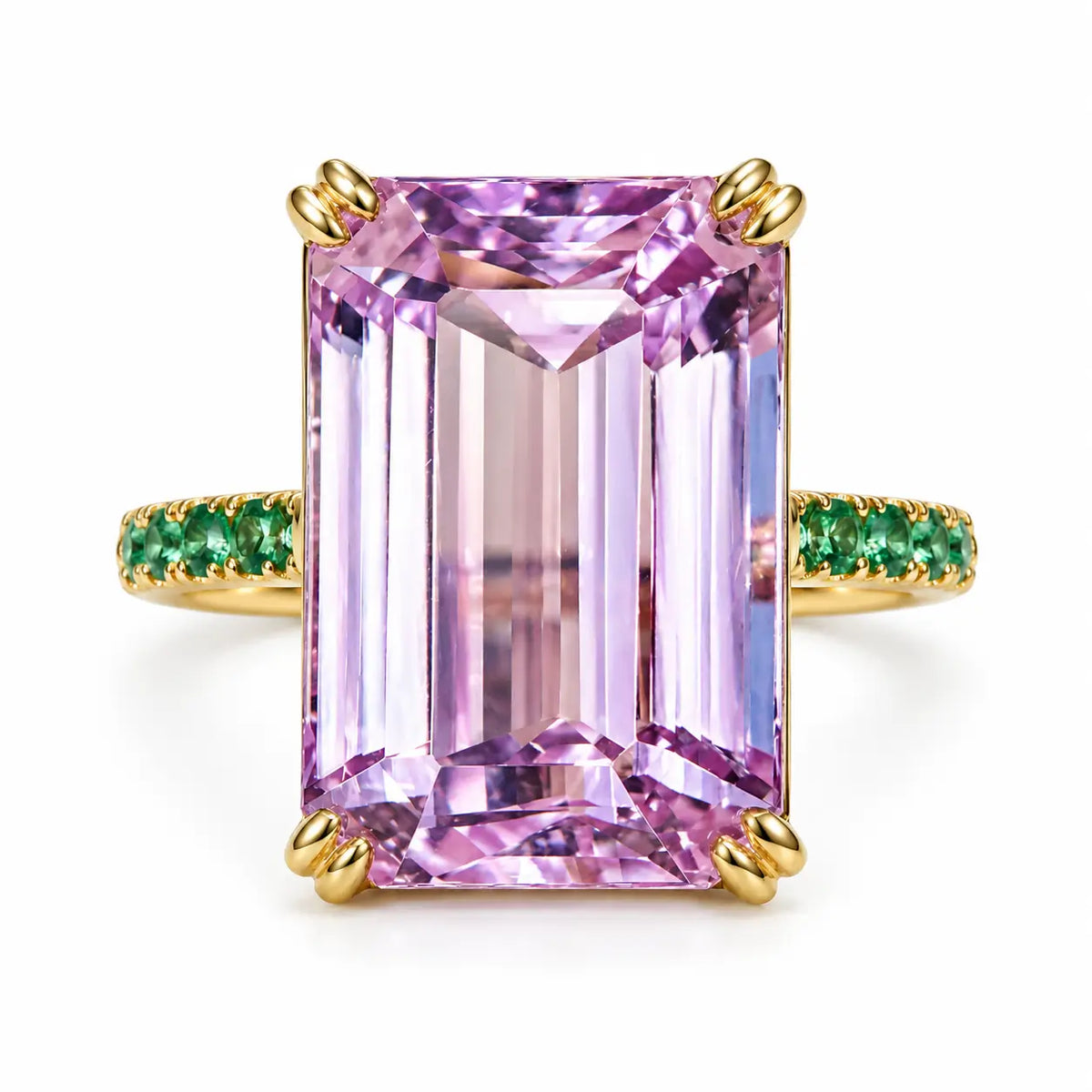 14k yellow gold Radiant 15.01 ctw Natural Kunzite & Emerald Ring (One-of-a-Kind)