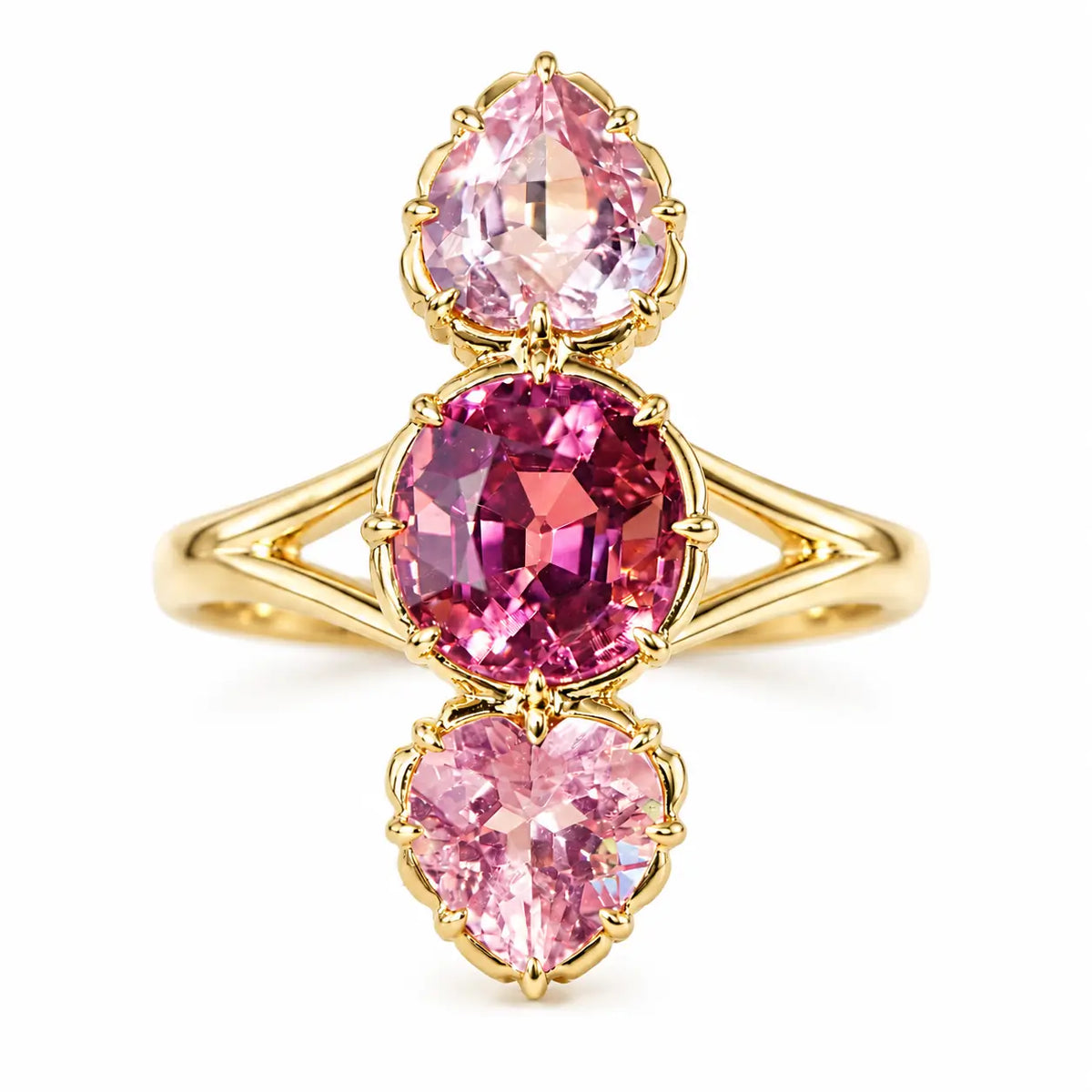 14k yellow gold Aurea 3.77 ctw Natural Rose Tourmaline Three-Stone Ring (One-of-a-Kind)