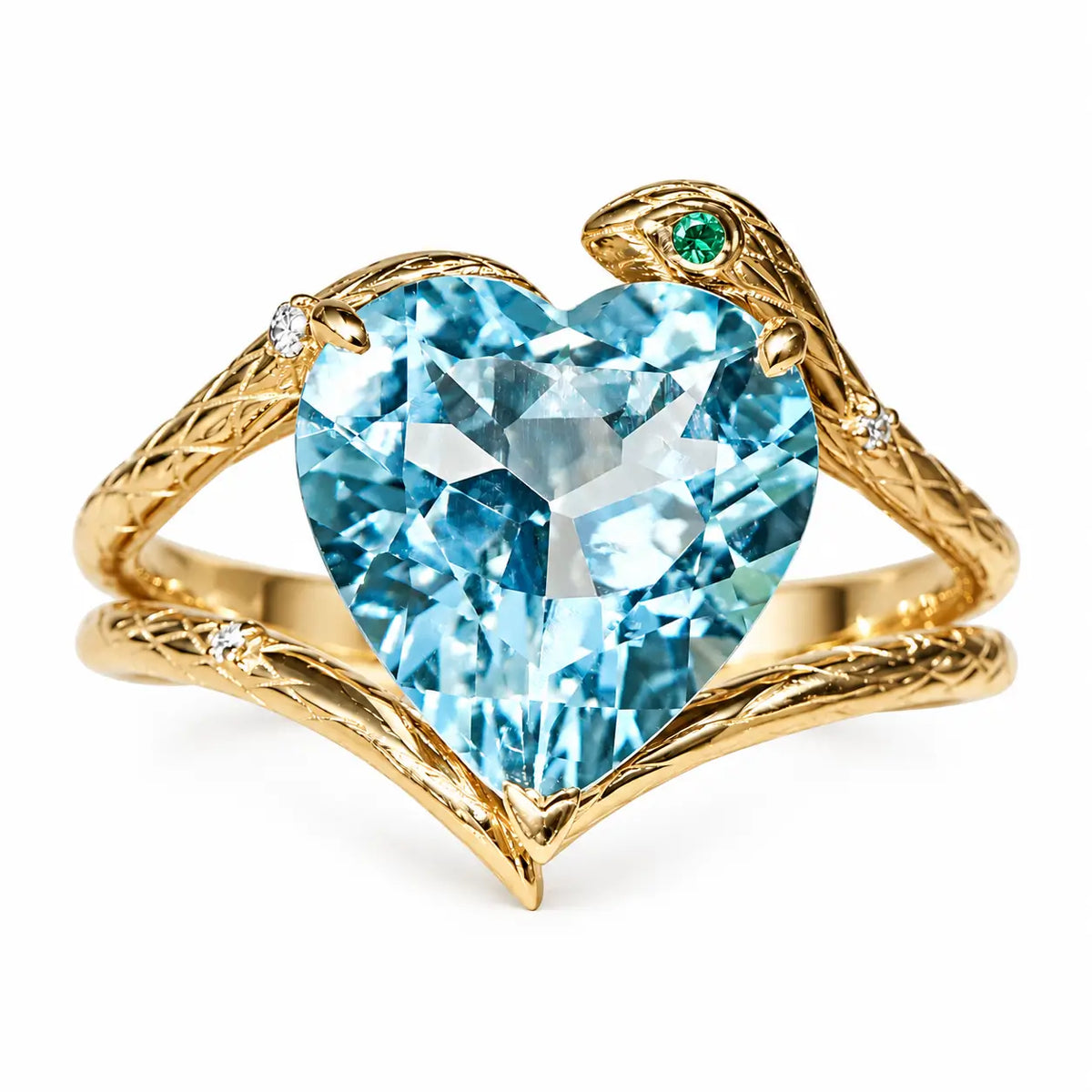 14k yellow gold Serpent Embrace 2.69 ctw Natural Heart Aquamarine, Emerald & Diamond Ring (One-of-a-Kind)