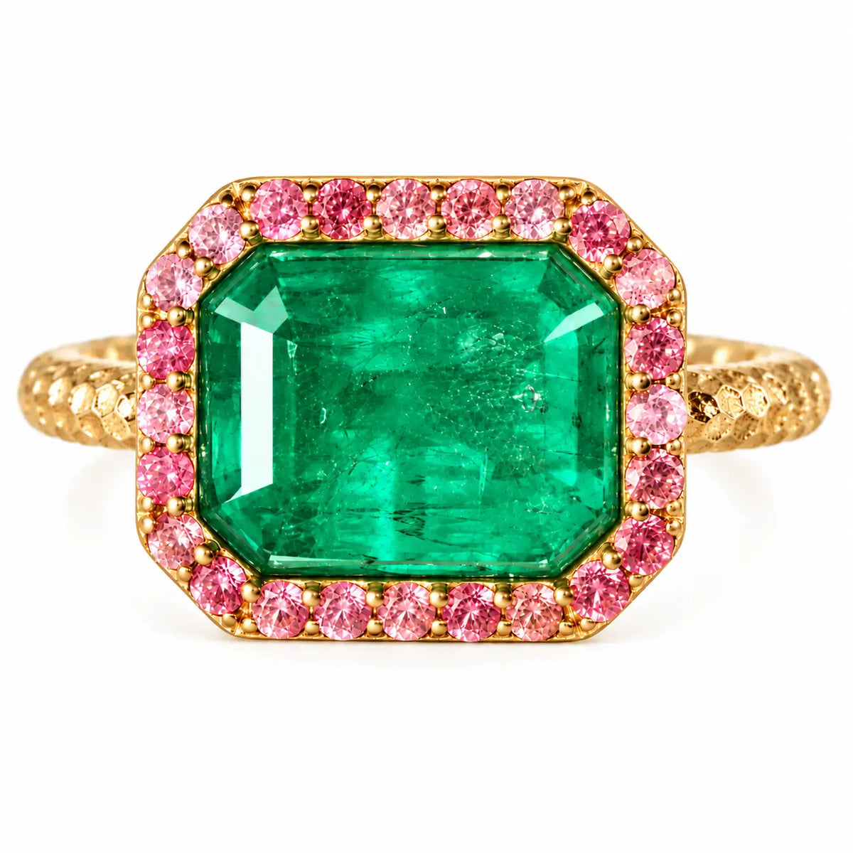 14k yellow gold Aria Arch 2.37 ctw Natural Emerald & Pink Sapphire East-West Ring (One-of-a-Kind)