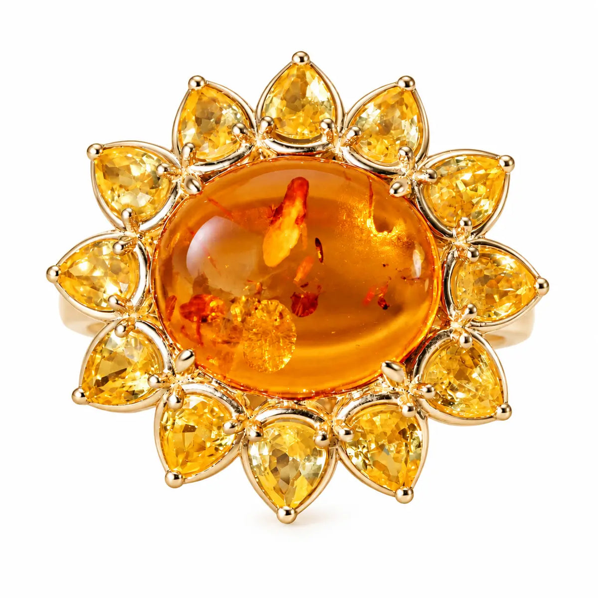 14k yellow gold Bloom Halo 3.82 ctw Natural Amber & Yellow Sapphire East-West Ring (One-of-a-Kind)