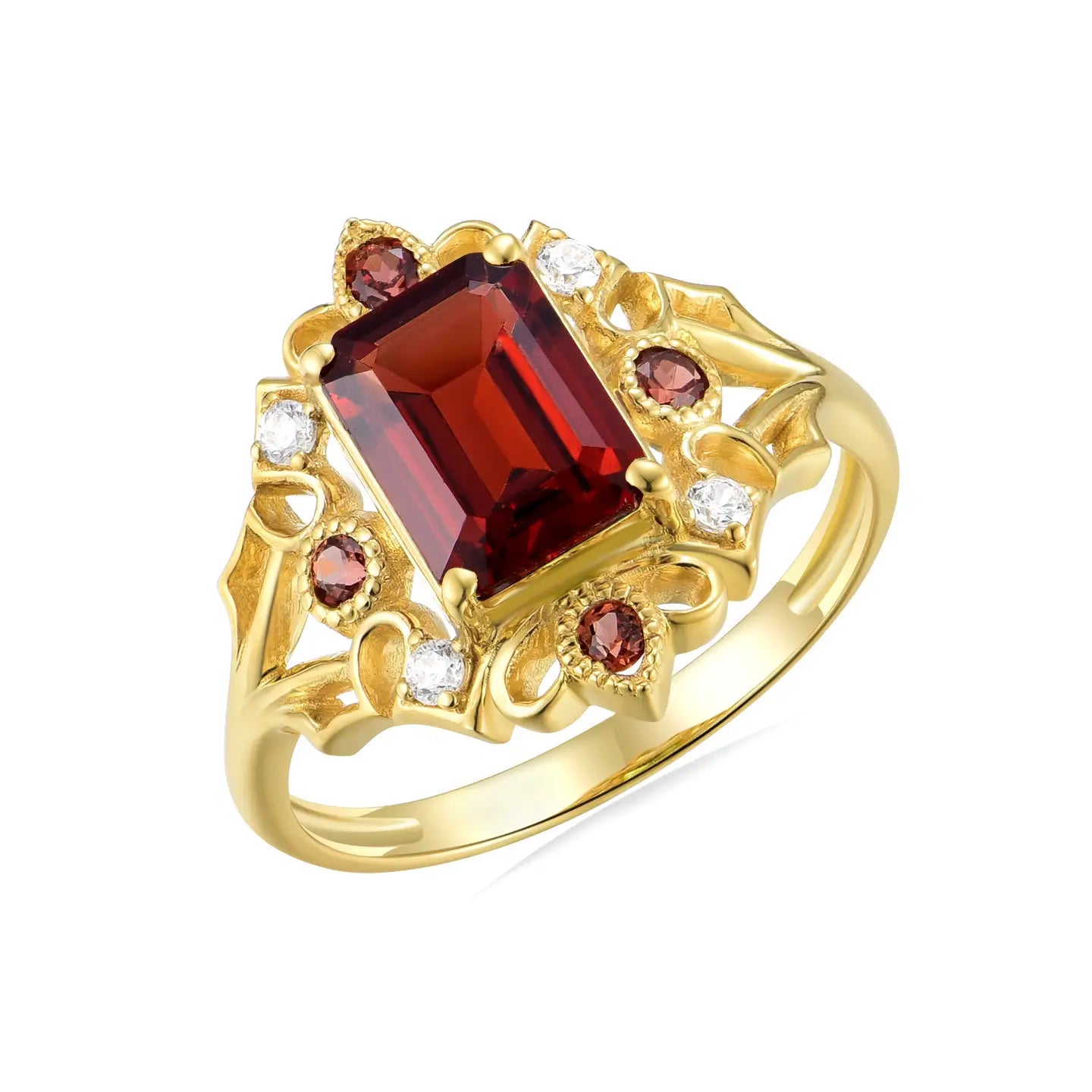 14k yellow gold red garnet diamond cocktail ring