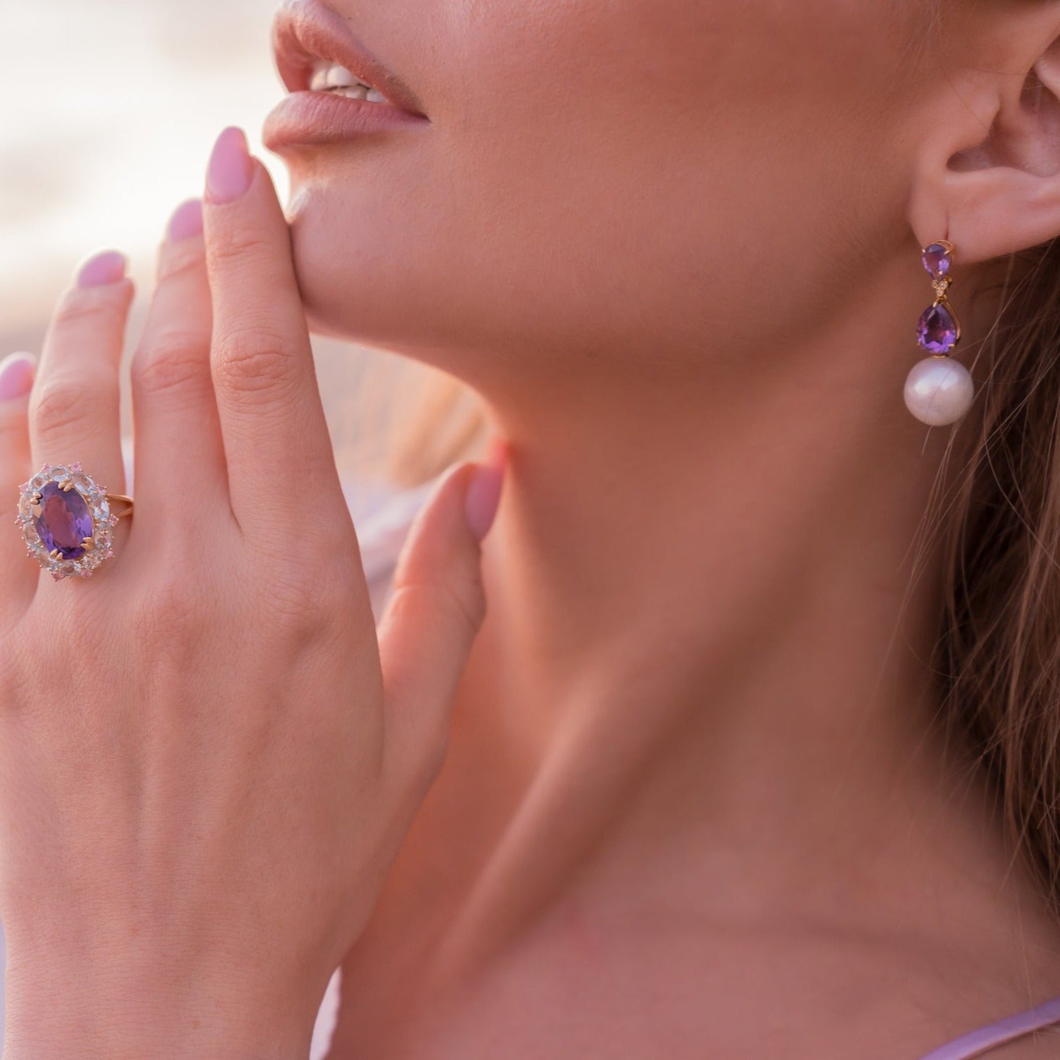 Divina Pear Amethyst Diamond Pearl Convertible Drop Earrings