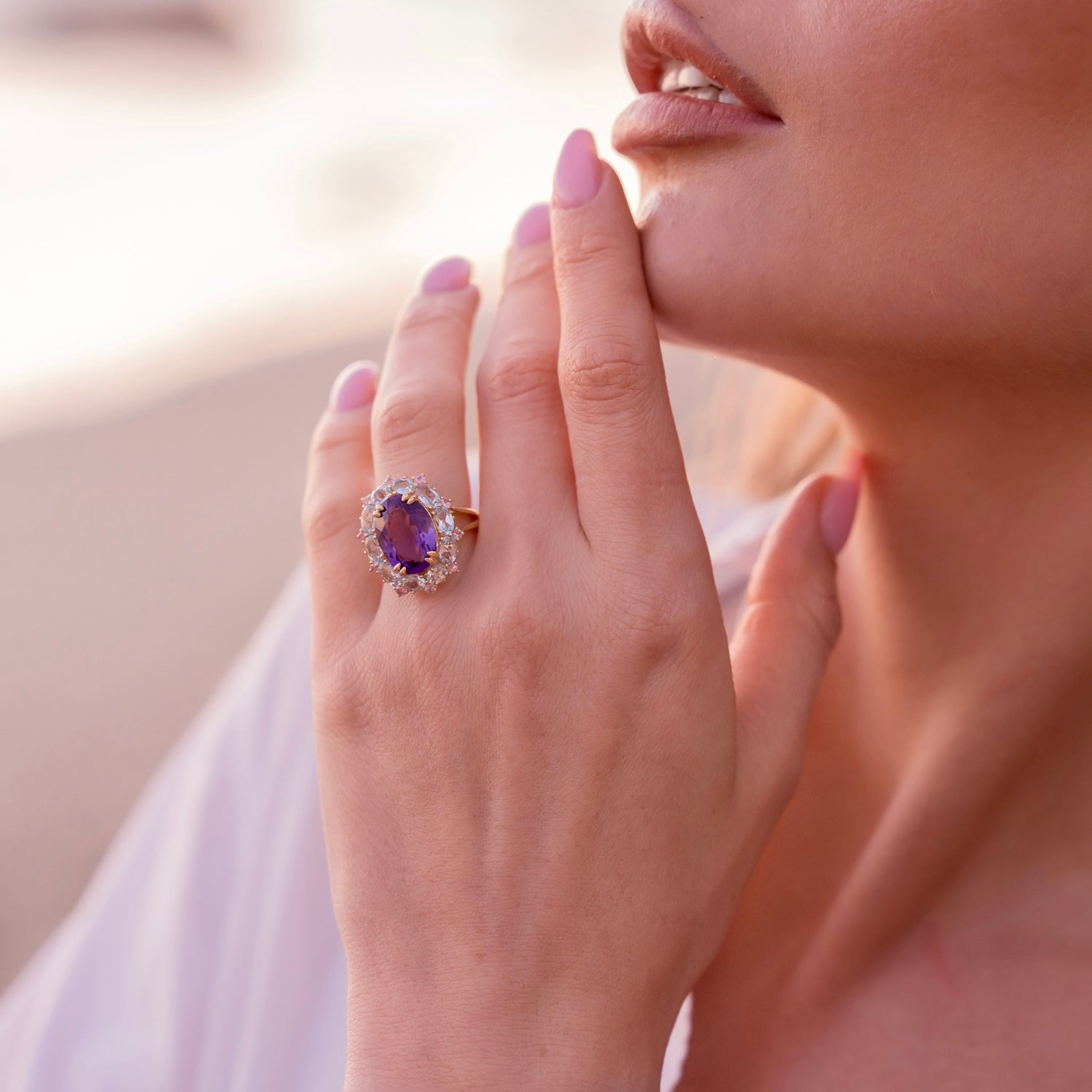 Mira Amethyst Aquamarine Pink Sapphire Cocktail Ring