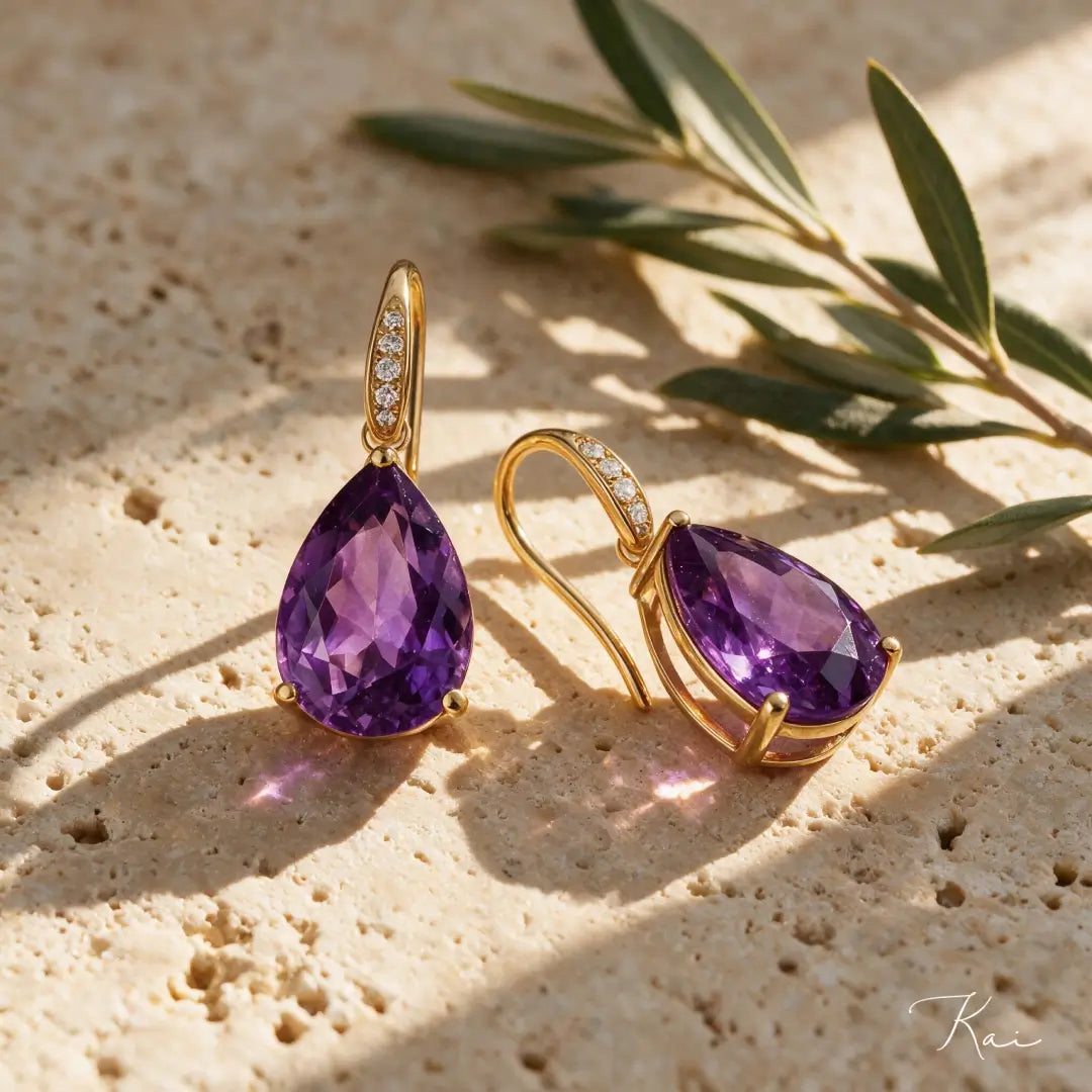 14k yellow gold Radiant natural Pear Amethyst Diamond Drop Earrings