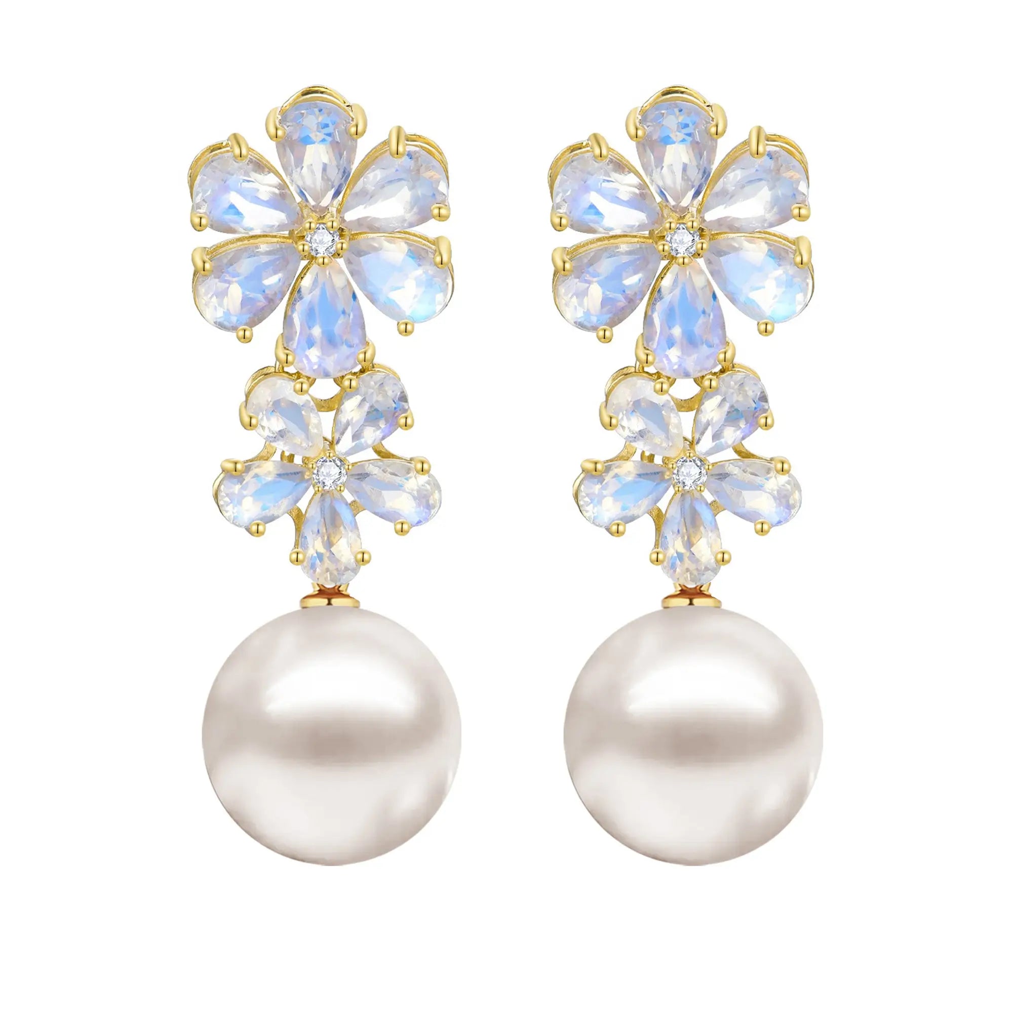Nina Zhou x Kai 14k Gold Nautral Moonstone & Diamond Double Blossom Freshwater Pearl Convertible Drop Earrings