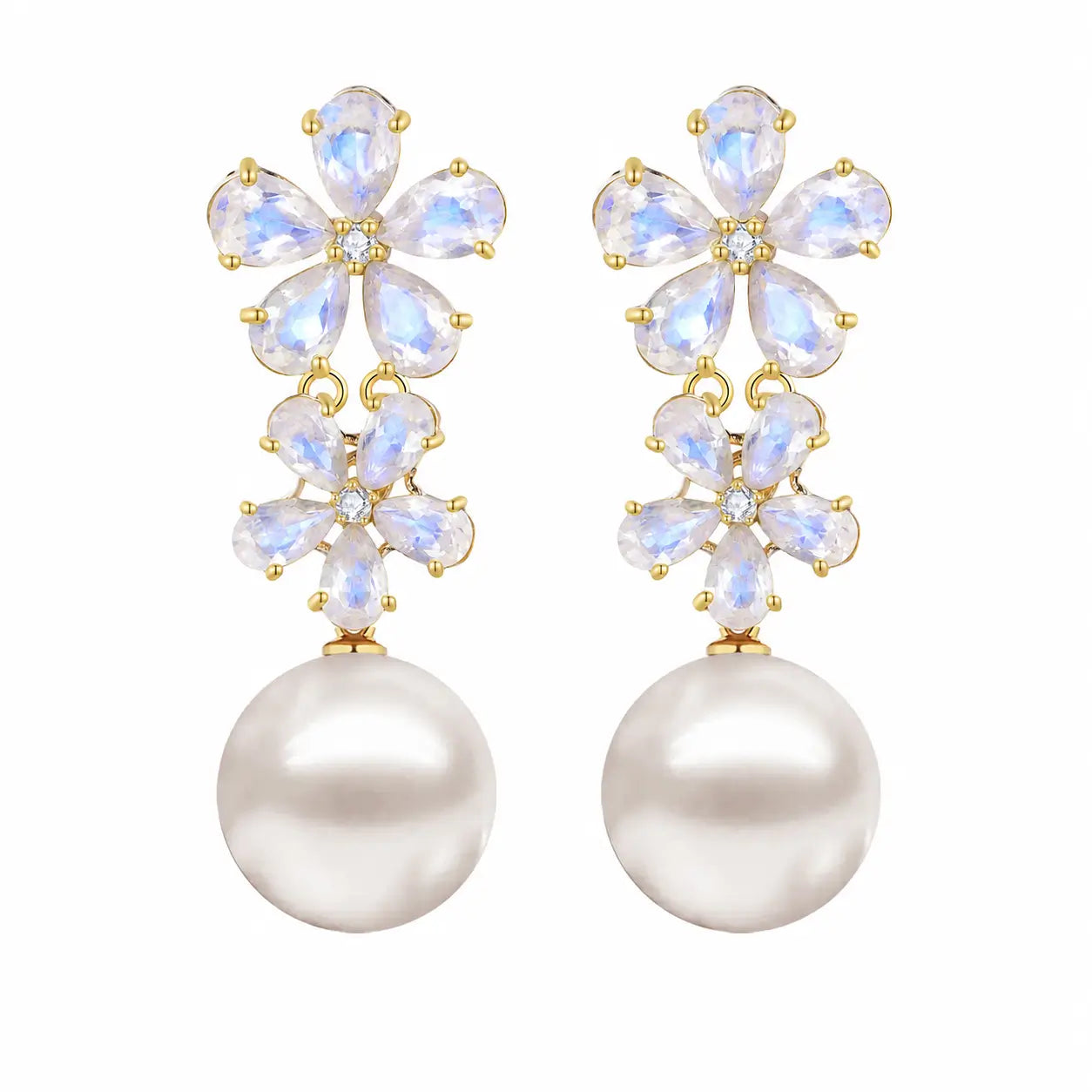 Nina Zhou x Kai Moonstone Diamond Double Blossom Pearl Convertible Drop Earrings