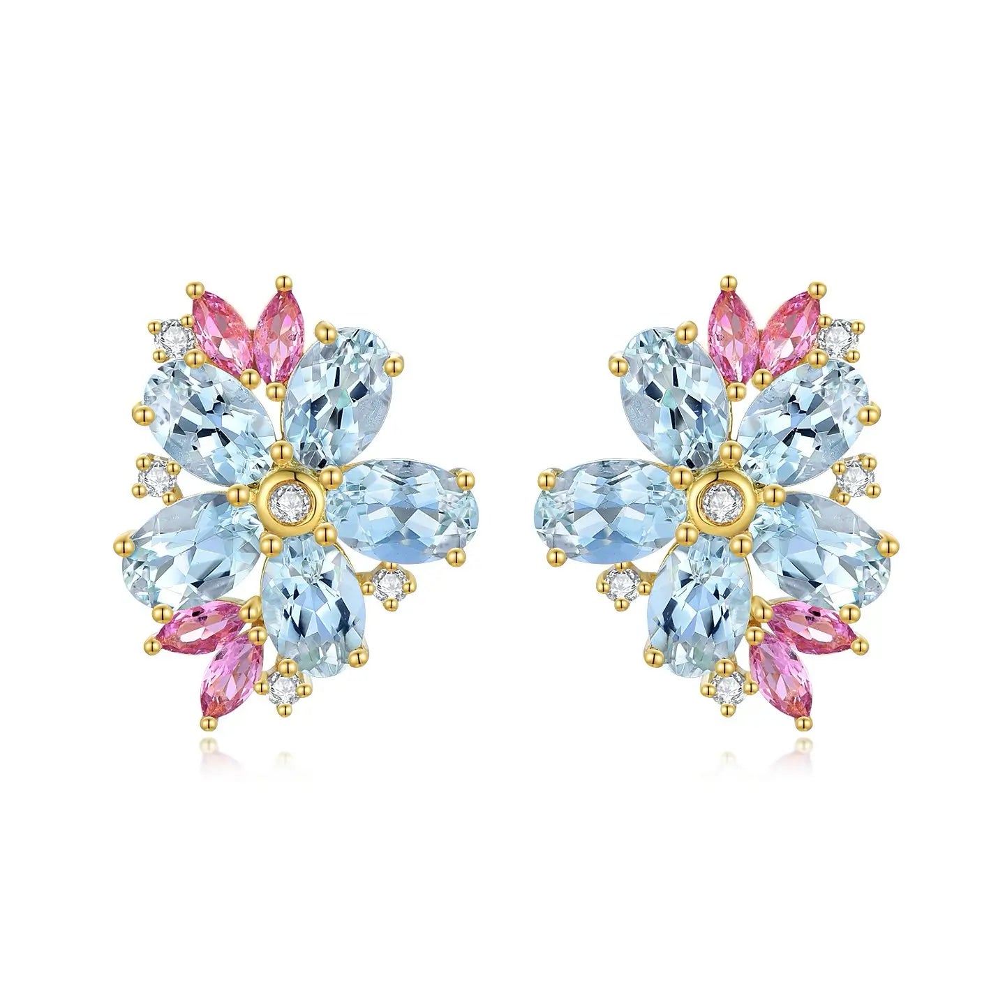 Nina Zhou x Kai 14k gold natural Aquamarine Pink Sapphire Diamond Blossom Earrings
