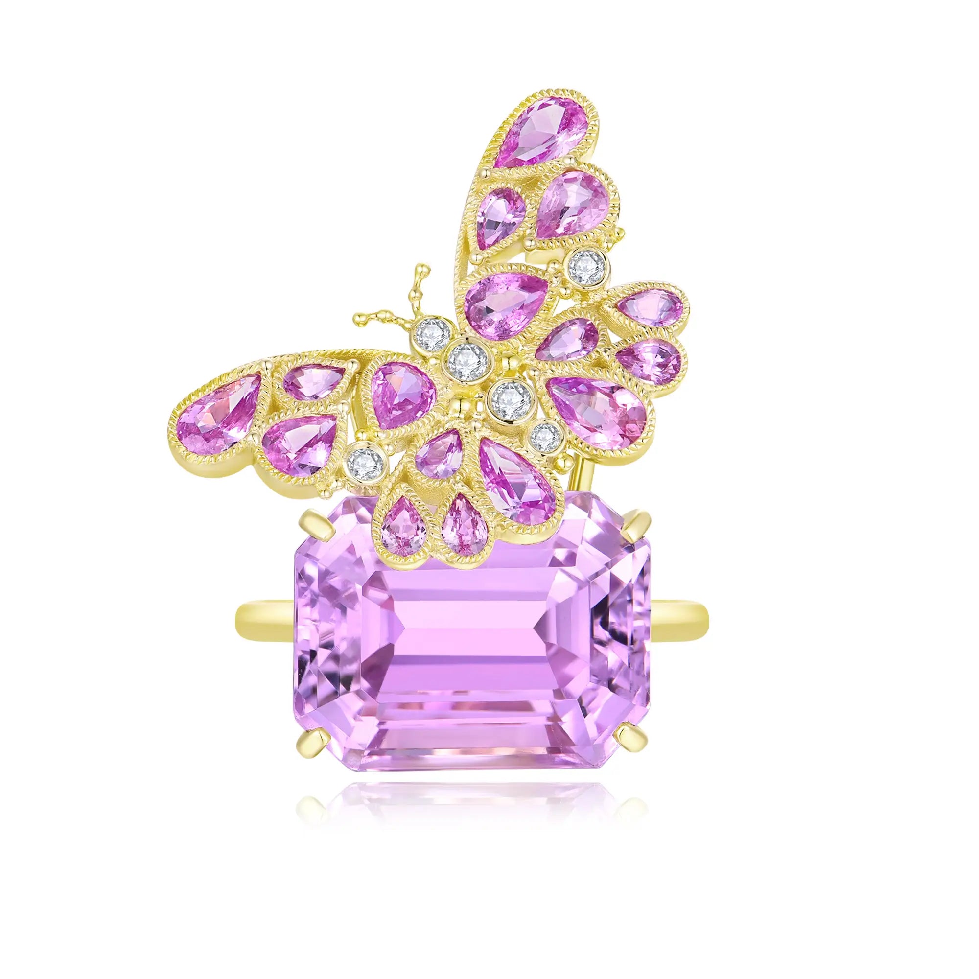 14k gold Nina Zhou x Kai Natural Pink Sapphire Diamond Butterfly on Kunzite Ring (One-of-a-Kind)
