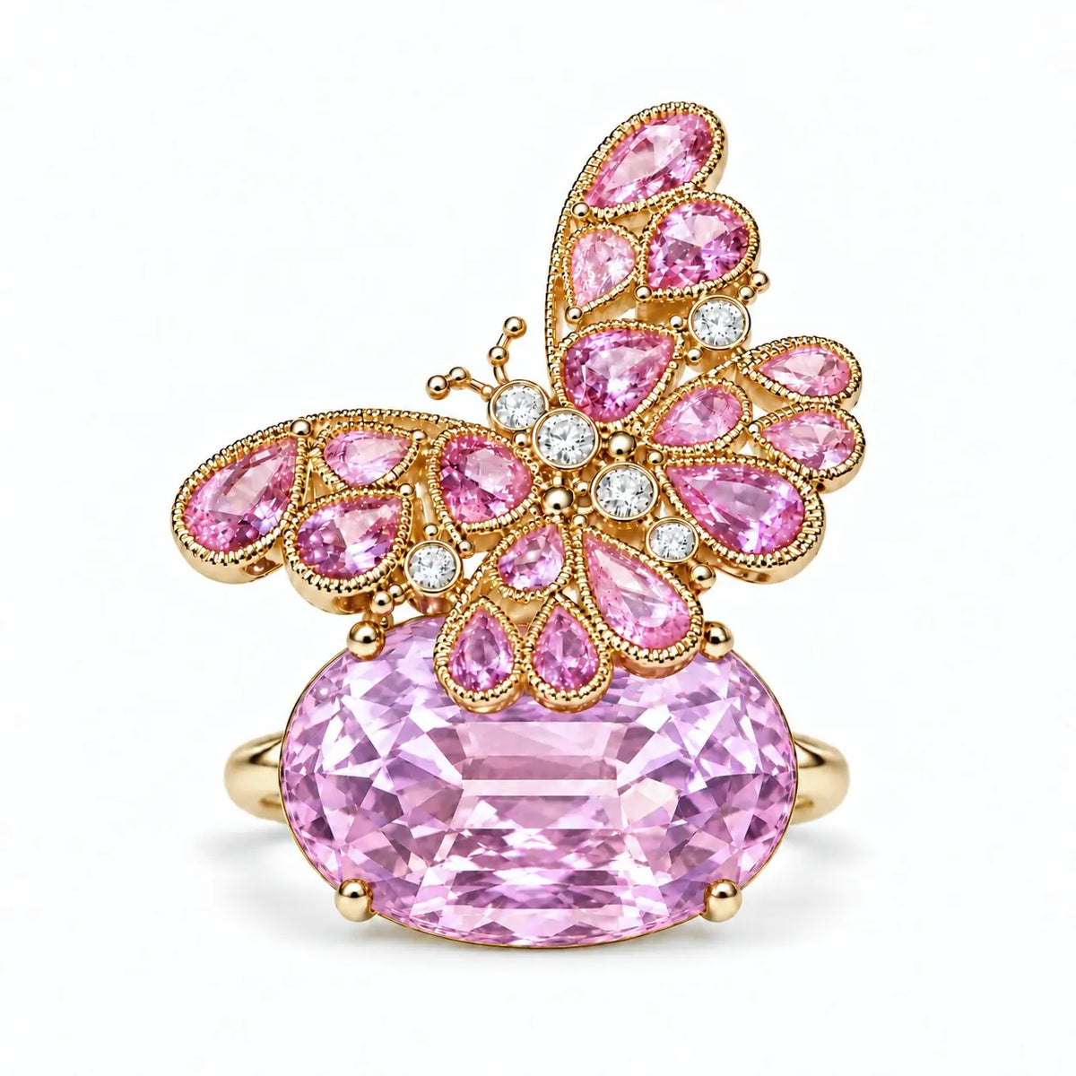 Nina Zhou x Kai Butterfly on Rock 13.89 ctw Natural Kunzite, Pink Sapphire & Diamond Ring (One-of-a-Kind)