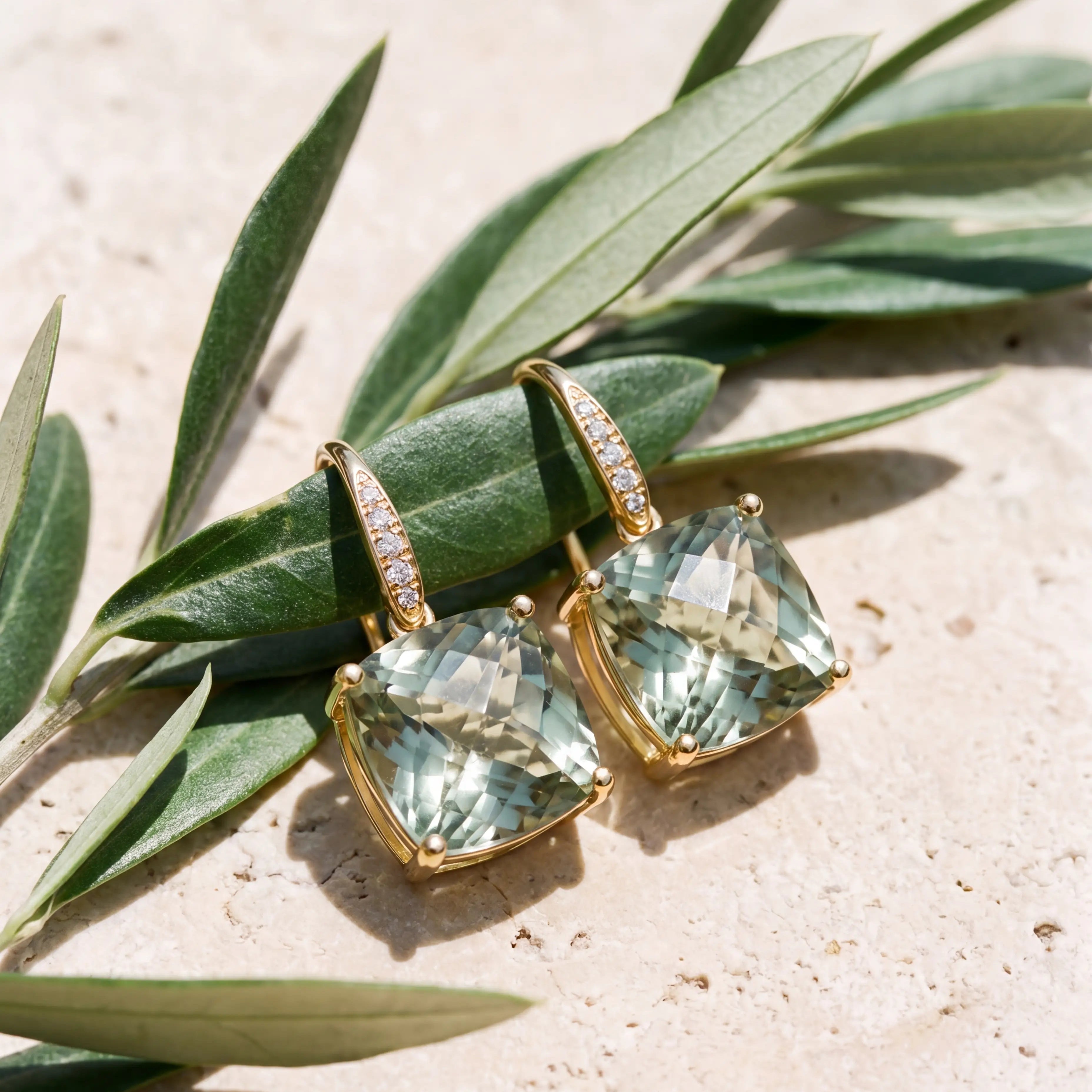 Radiant Prasiolite Green Amethyst Diamond Drop Earrings