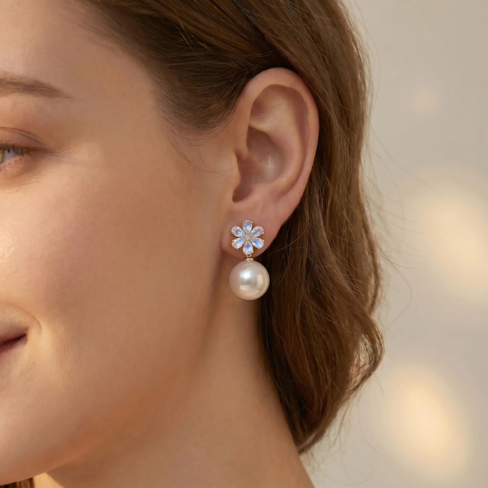 Flora Rainbow Blue Moonstone Diamond Pearl Convertible Drop Earrings in 14k yellow gold