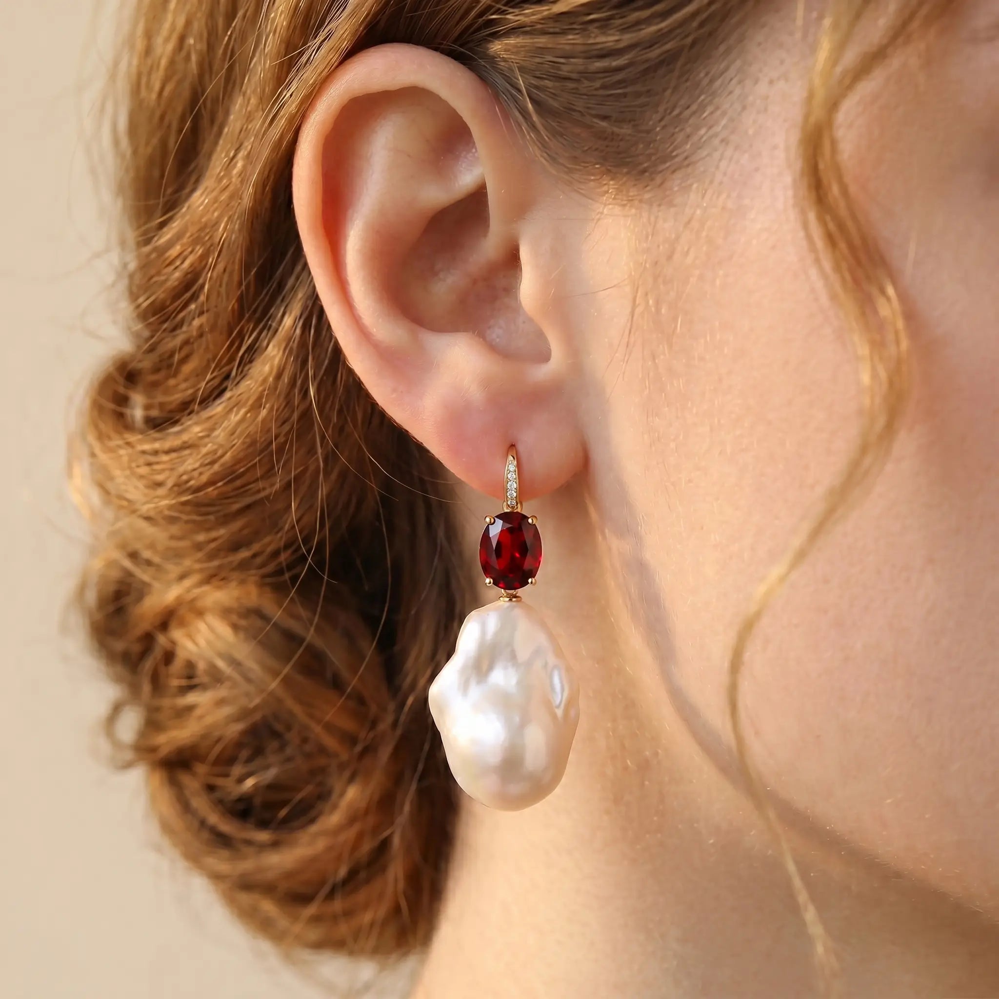 Radiant Oval Natural Garnet Diamond Baroque Pearl Convertible Drop Earrings in 14k gold