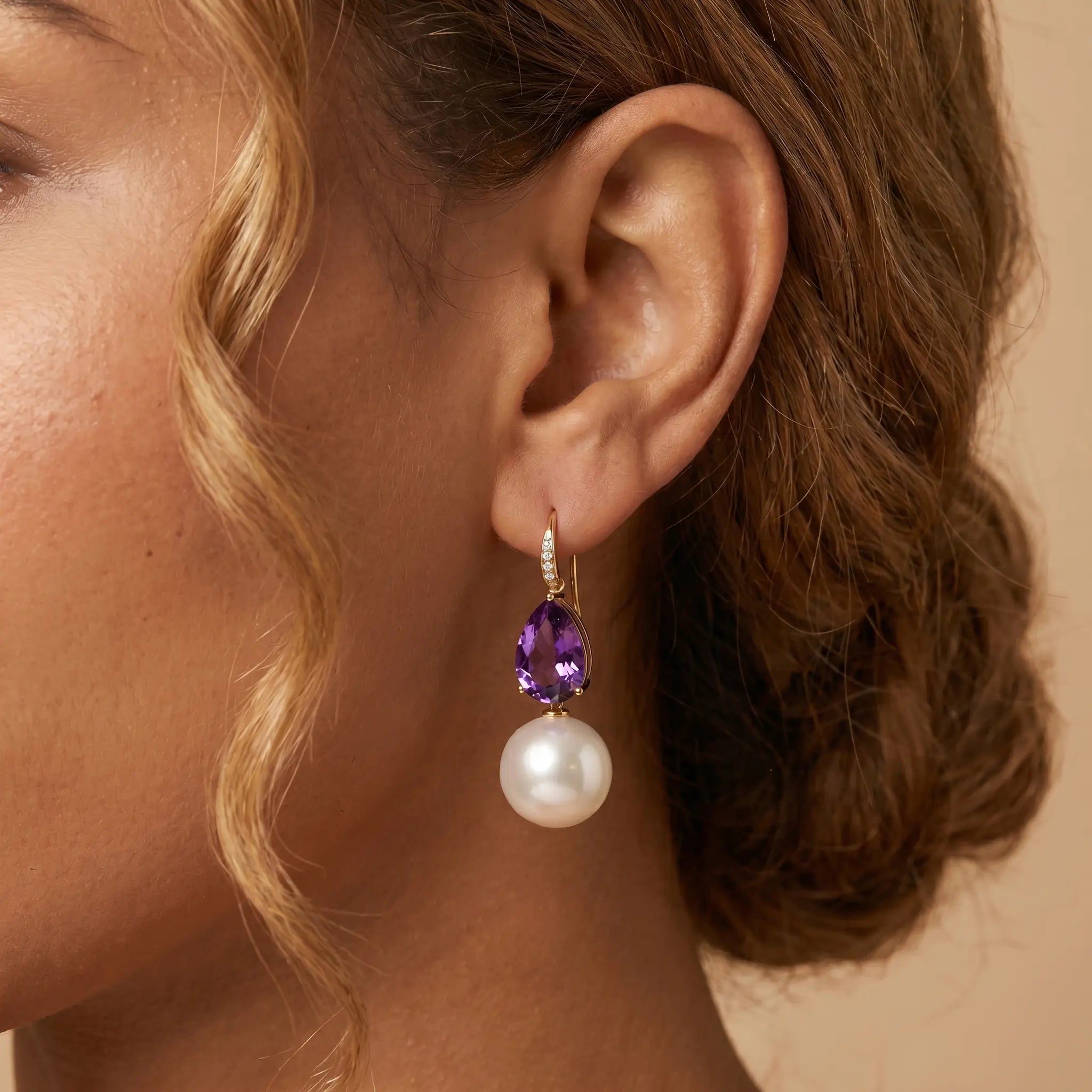 Radiant Pear Amethyst Diamond Pearl Convertible Drop Earrings