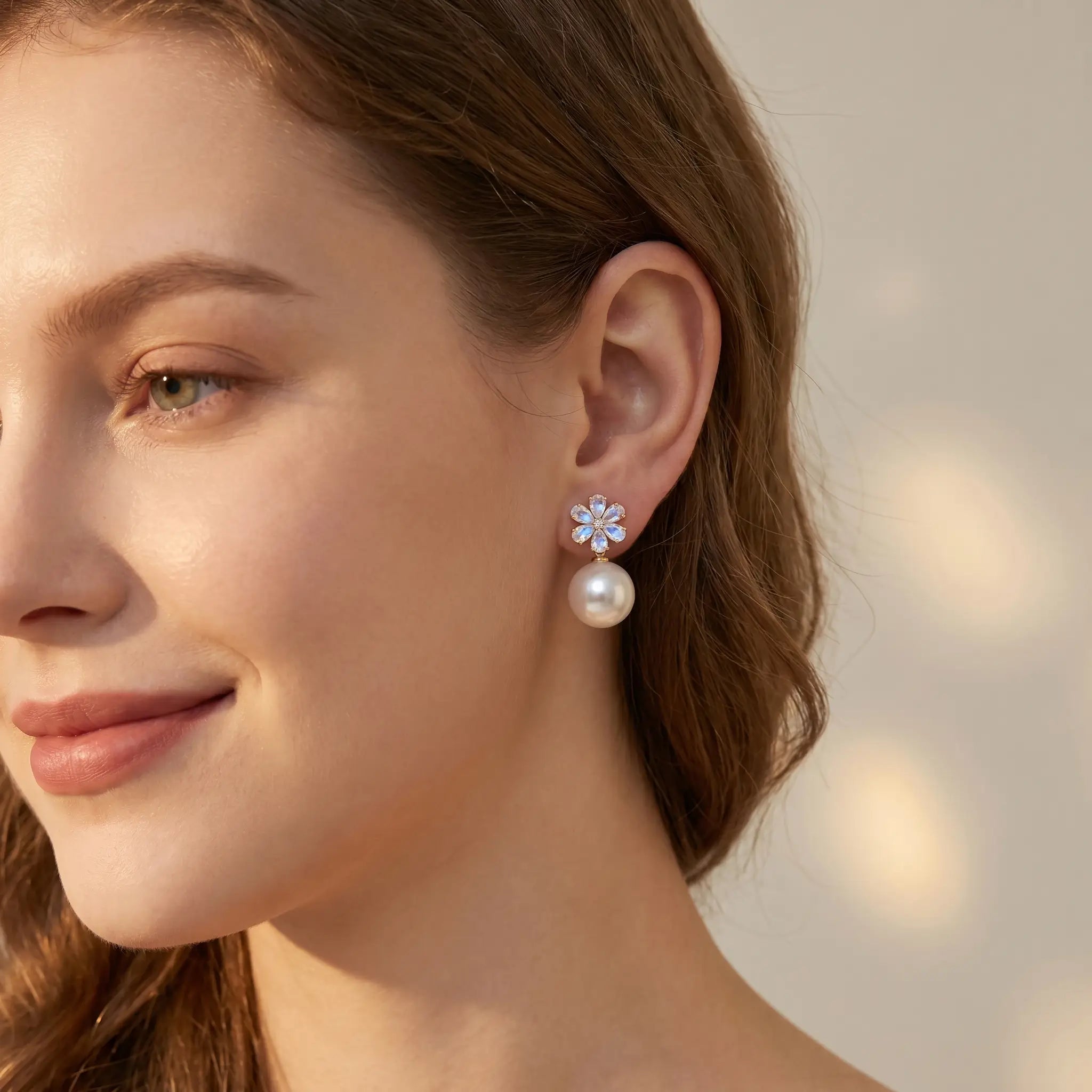 Flora Rainbow Blue Moonstone Diamond Pearl Convertible Drop Earrings in 14k yellow gold