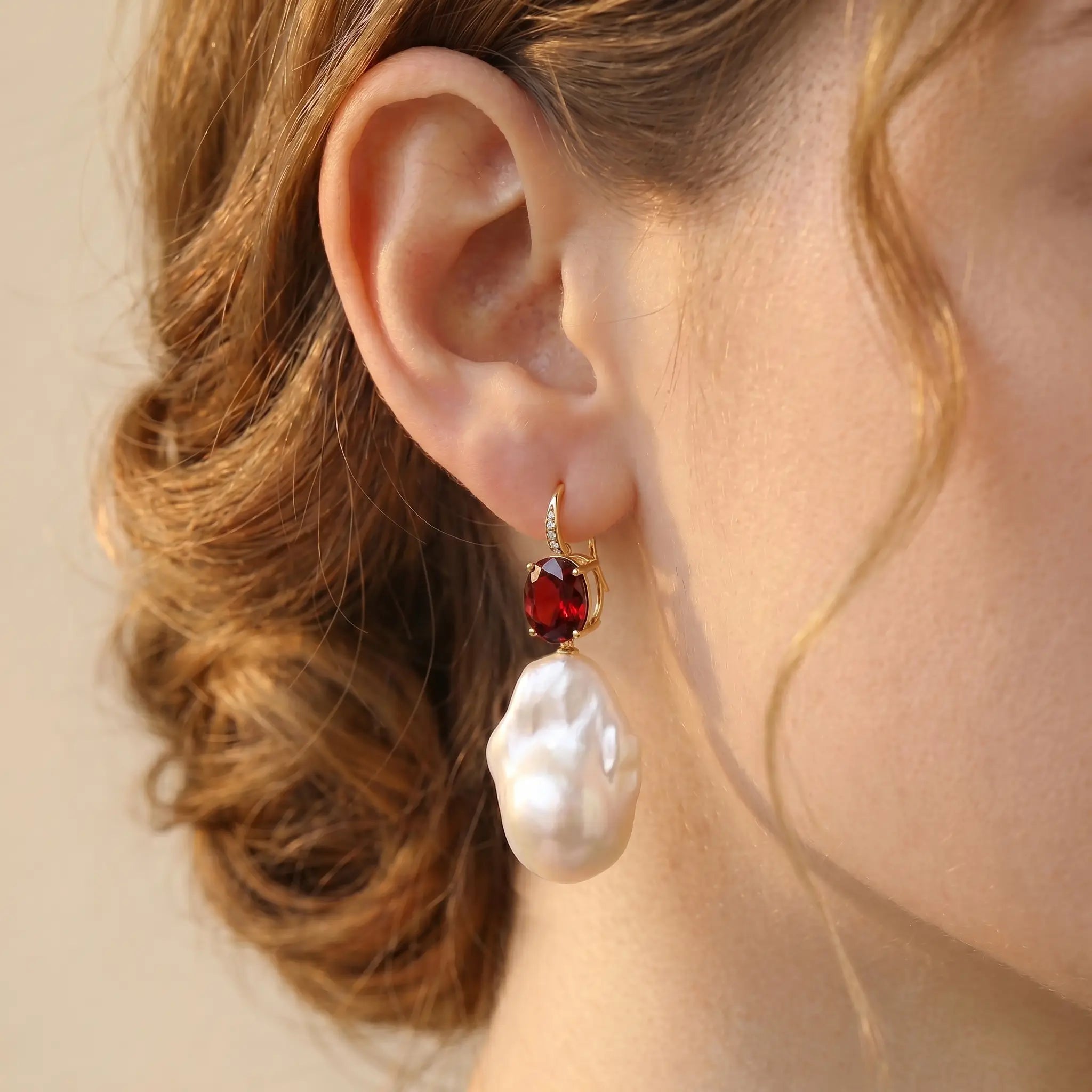 Radiant Oval Natural Garnet Diamond Baroque Pearl Convertible Drop Earrings in 14k gold