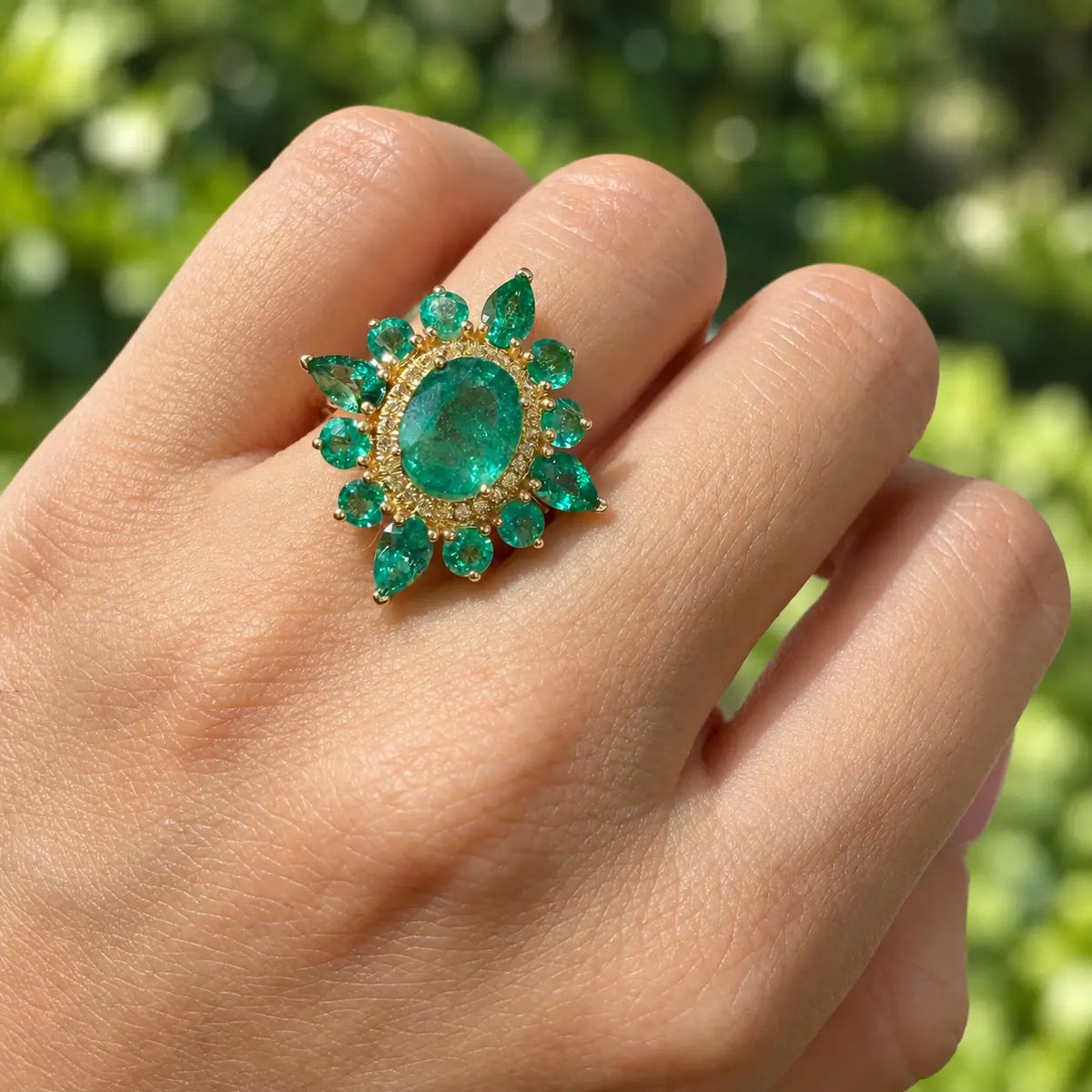 14k yellow gold Stellara 3.95 ctw AIGS Certified Natural Emerald & Sapphire Ring (One-of-a-Kind)