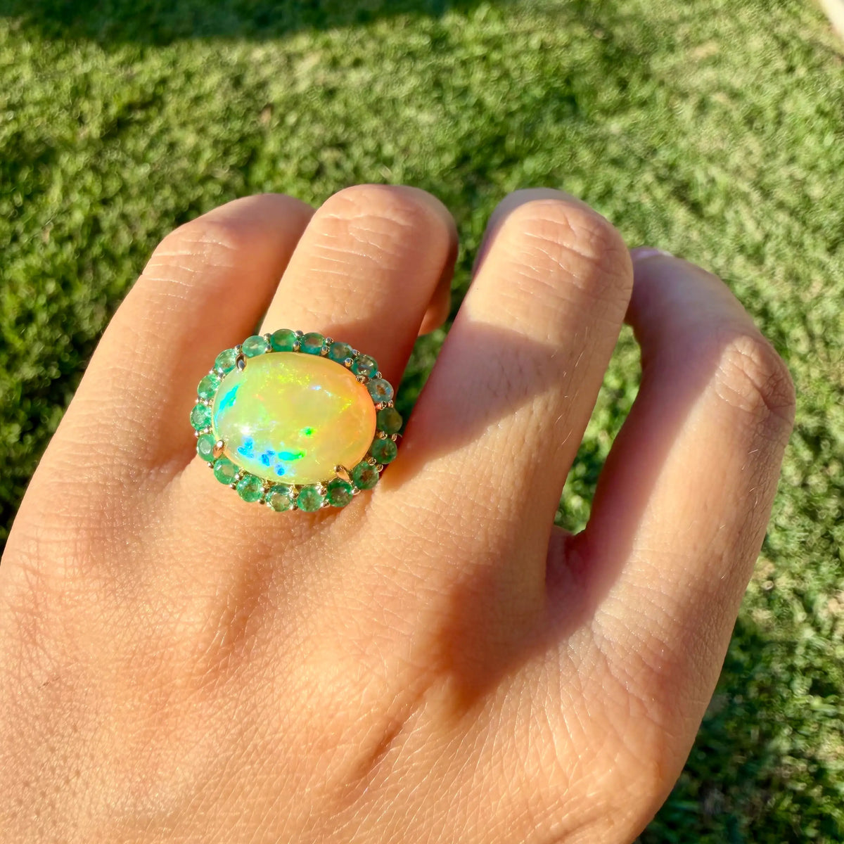 Eden Halo 7.55 ctw Natural Opal & Emerald East-West Ring (One-of-a-Kind)