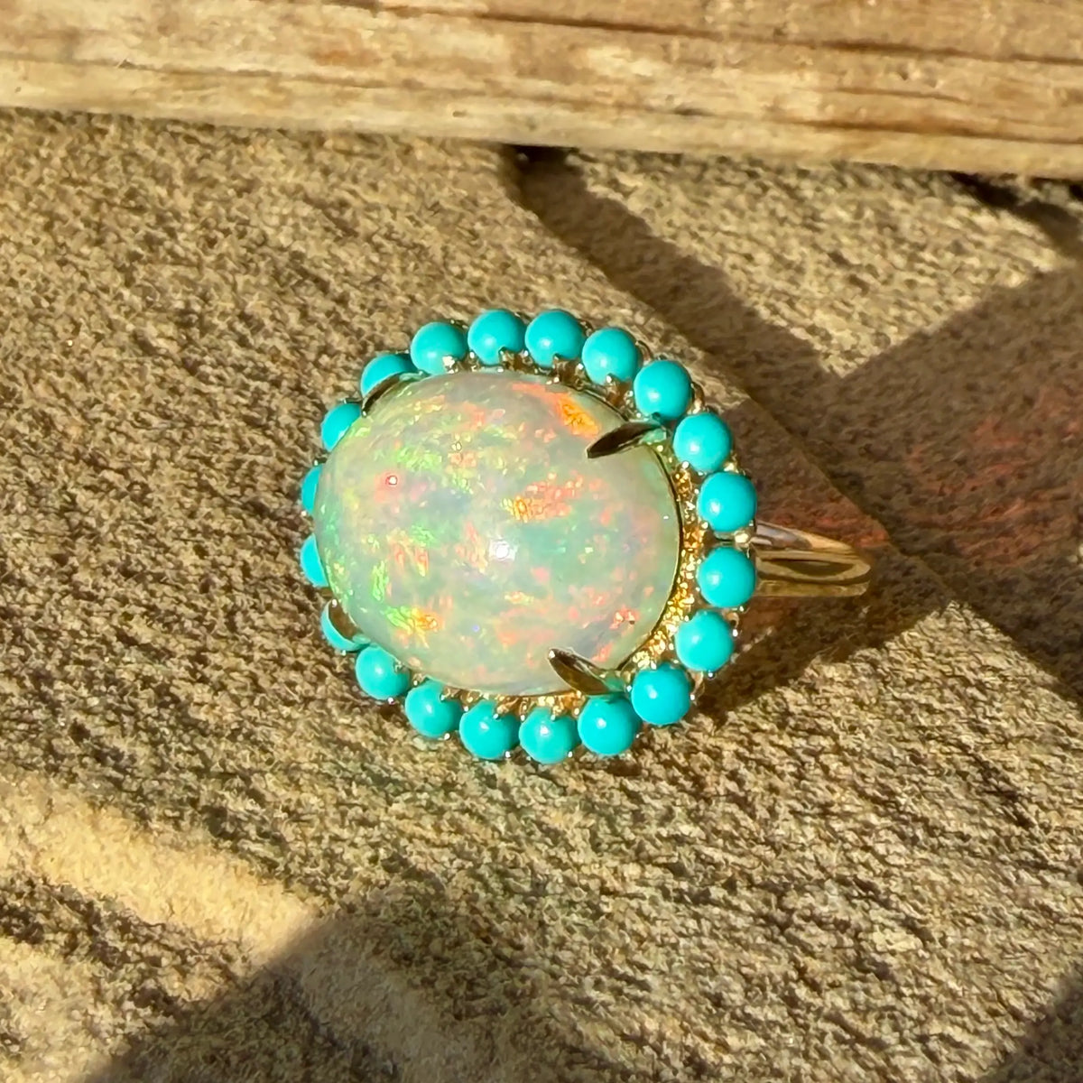 14k yellow gold Eden Halo 8.44 ctw Natural Opal & Turquoise East-West Ring (One-of-a-Kind)