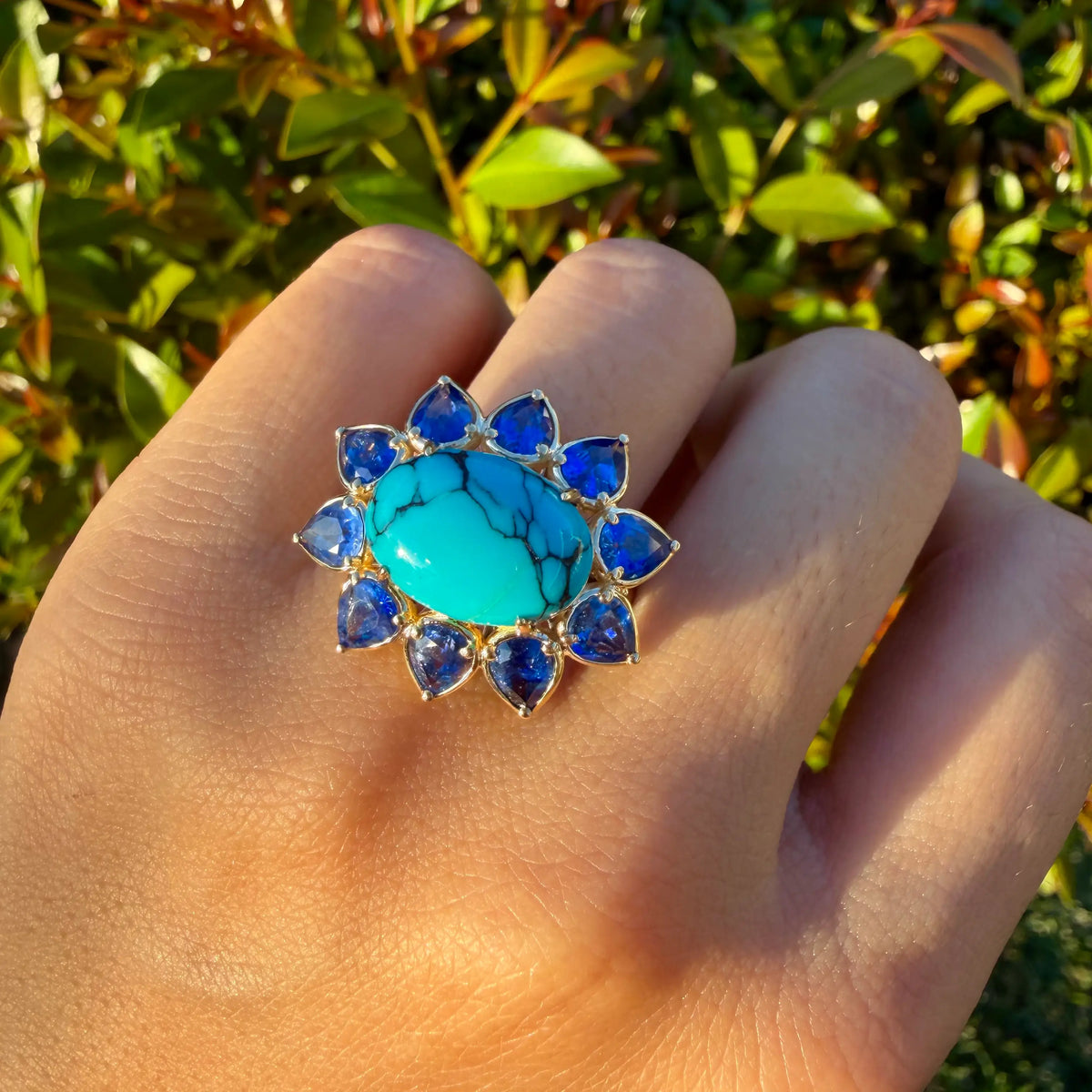 14k yellow gold Bloom Halo 7.01 ctw Natural Turquoise & Blue Sapphire East-West Ring (One-of-a-Kind)