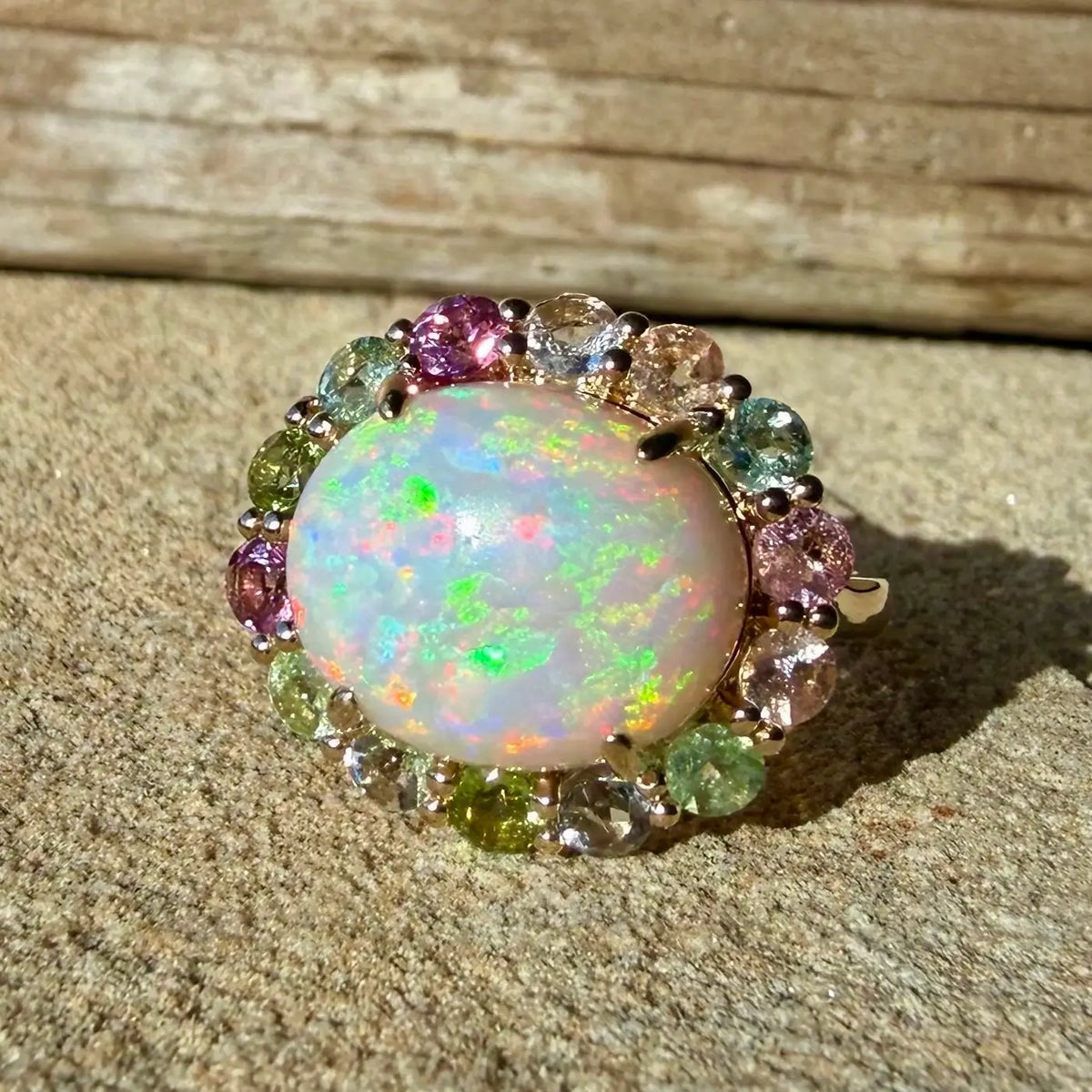 14k yellow gold Eden Halo 6.96 ctw Natural Opal & Pastel Tourmaline East-West Ring (One-of-a-Kind)