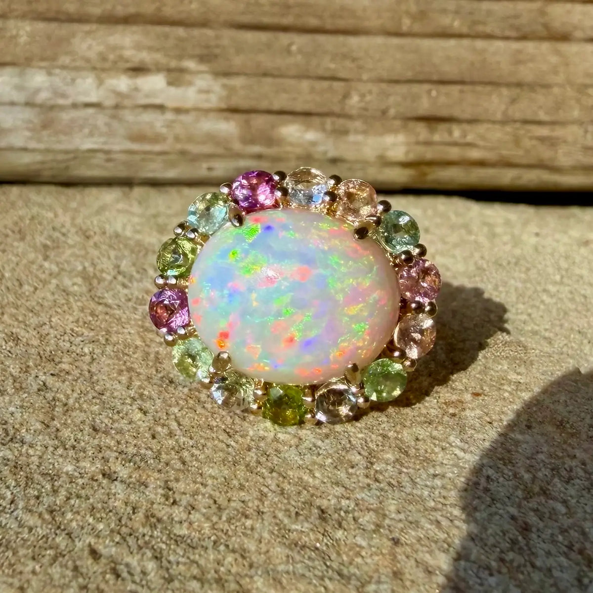 14k yellow gold Eden Halo 6.96 ctw Natural Opal & Pastel Tourmaline East-West Ring (One-of-a-Kind)