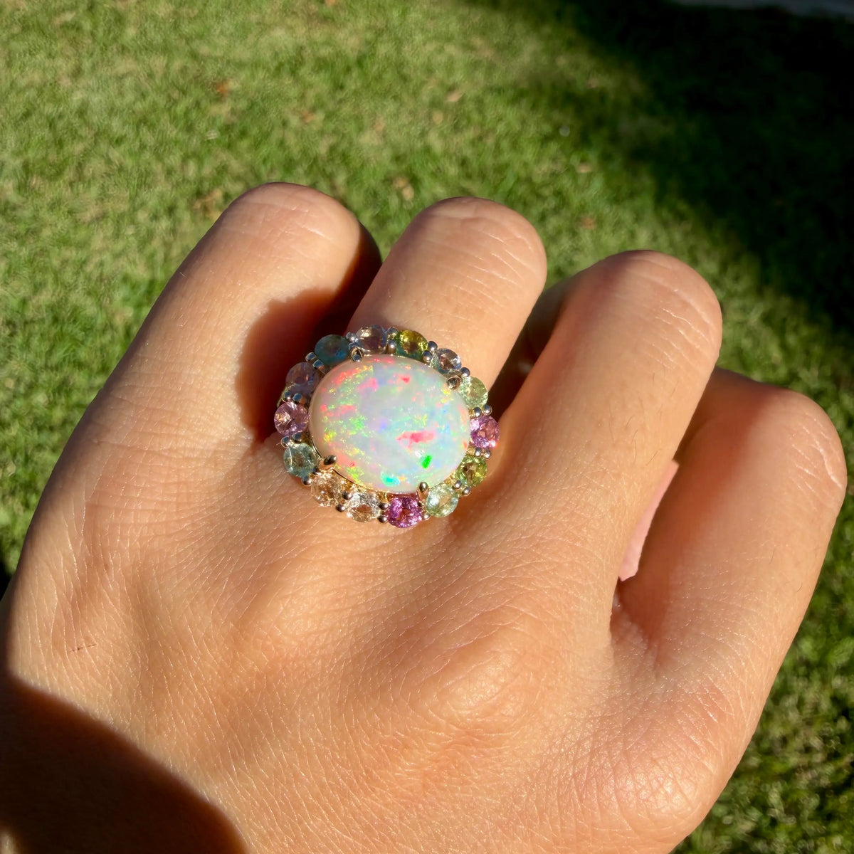 14k yellow gold Eden Halo 6.96 ctw Natural Opal & Pastel Tourmaline East-West Ring (One-of-a-Kind)
