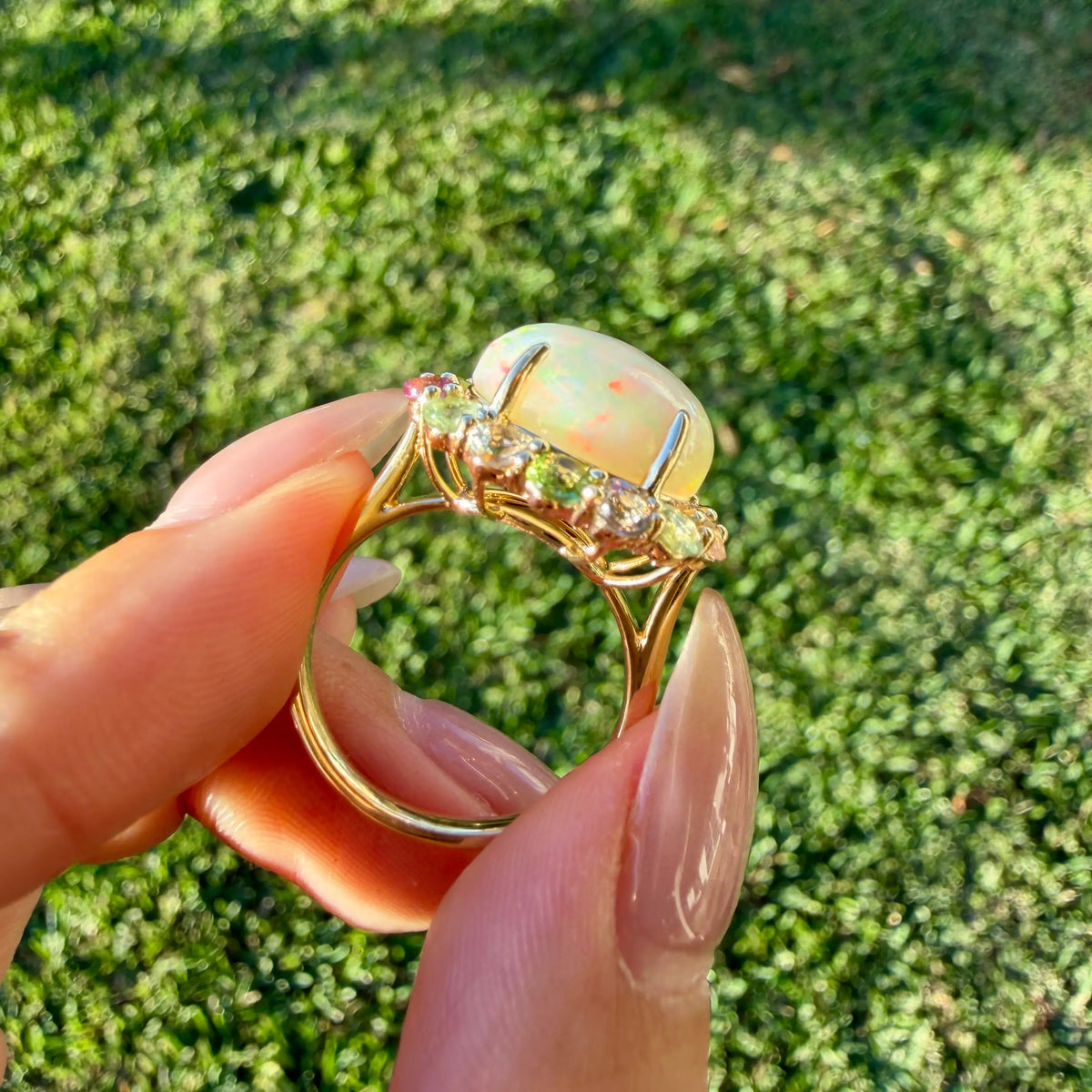 14k yellow gold Eden Halo 6.96 ctw Natural Opal & Pastel Tourmaline East-West Ring (One-of-a-Kind)