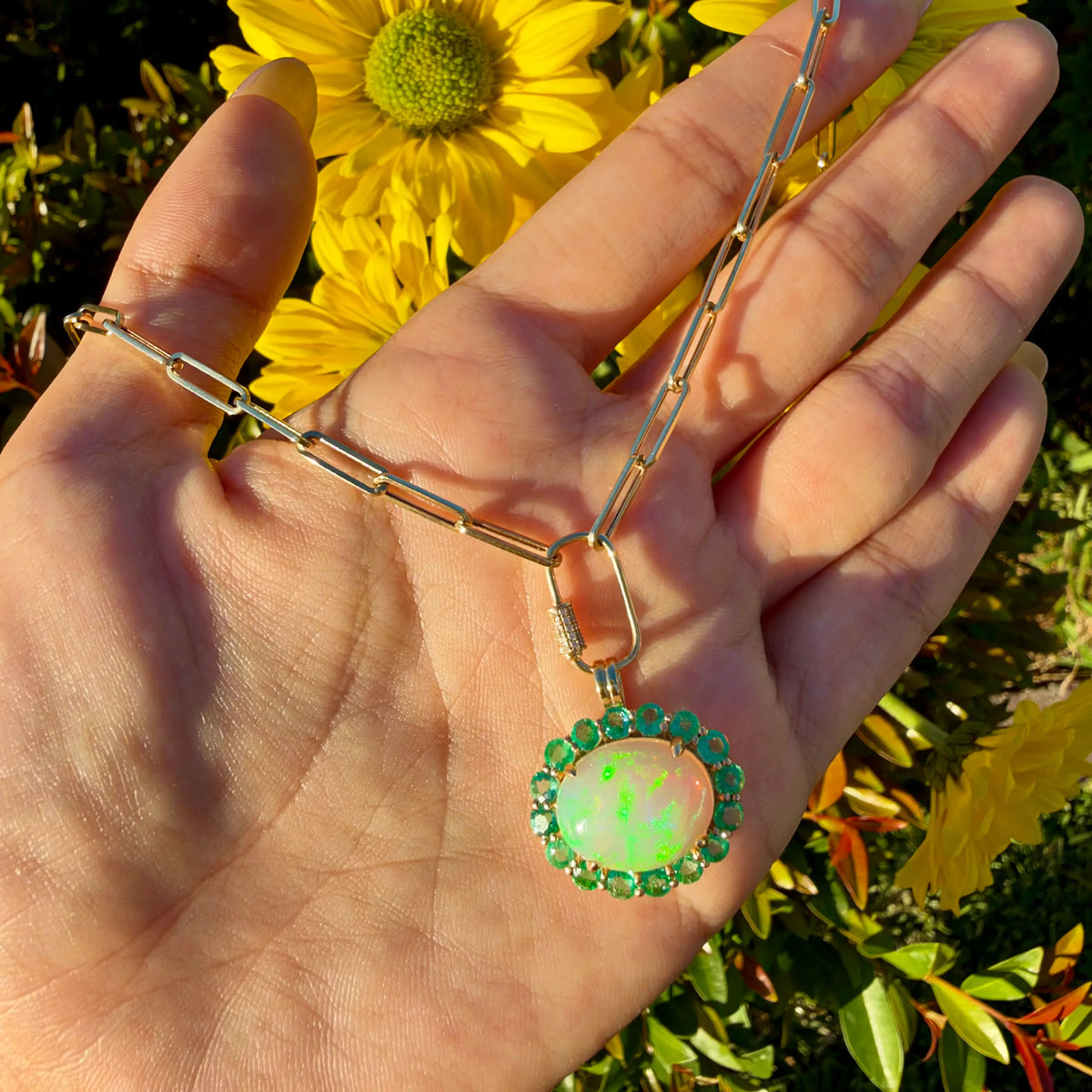 14k yellow gold Eden Halo 6.68 ctw Natural Opal & Emerald Diamond Lock Paperclip Chain Necklace (One-of-a-Kind)