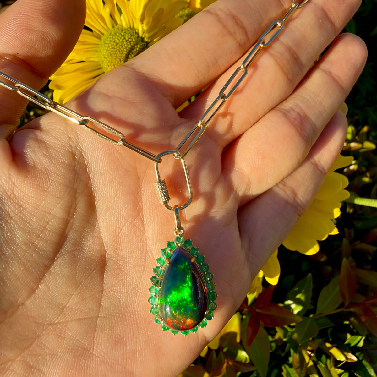 14k yellow gold Eden Halo 7.45 ctw Natural Black Opal & Diamond Lock Paperclip Chain Necklace (One-of-a-Kind)