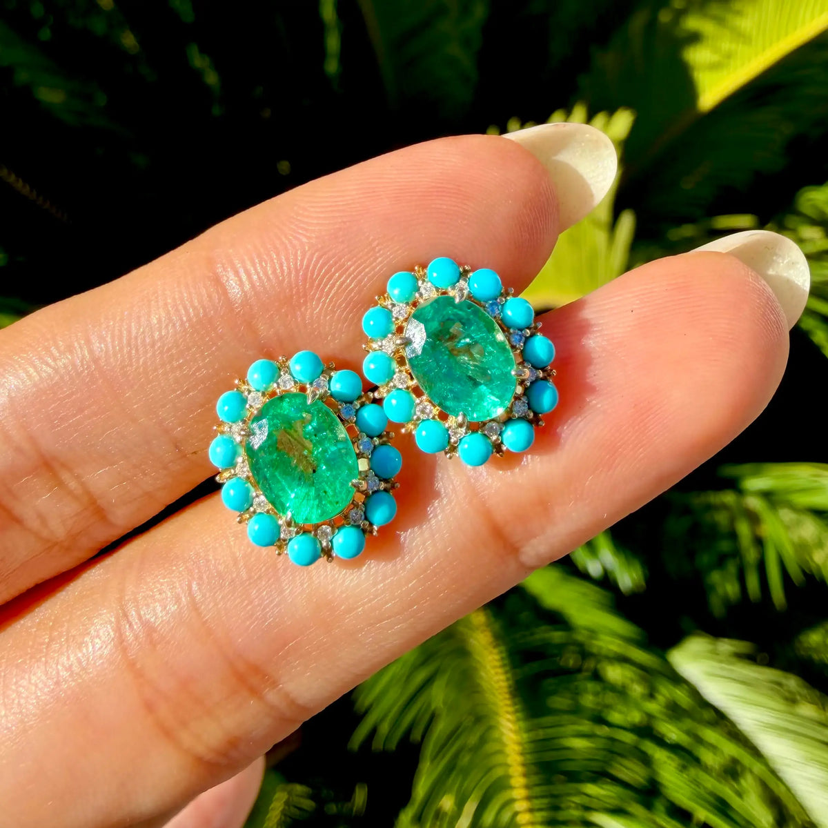 Belle Halo 3.41 ctw AIGS Certified Natural Emerald, Turquoise & Diamond Earrings (One-of-a-Kind)