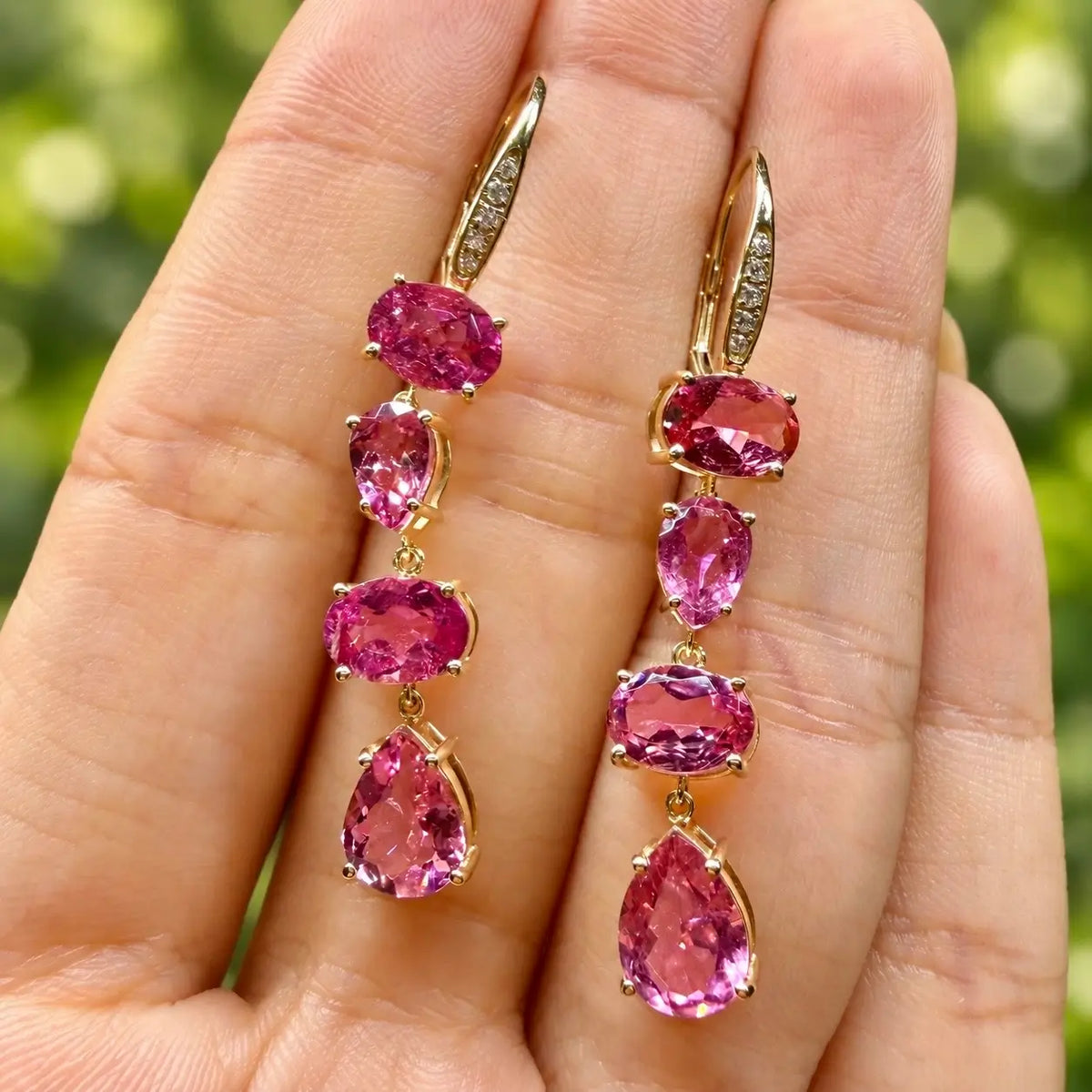 14k yellow gold Garden Melody 5.38 ctw Natural Pink Tourmaline & Diamond Drop Earrings (One-of-a-Kind)