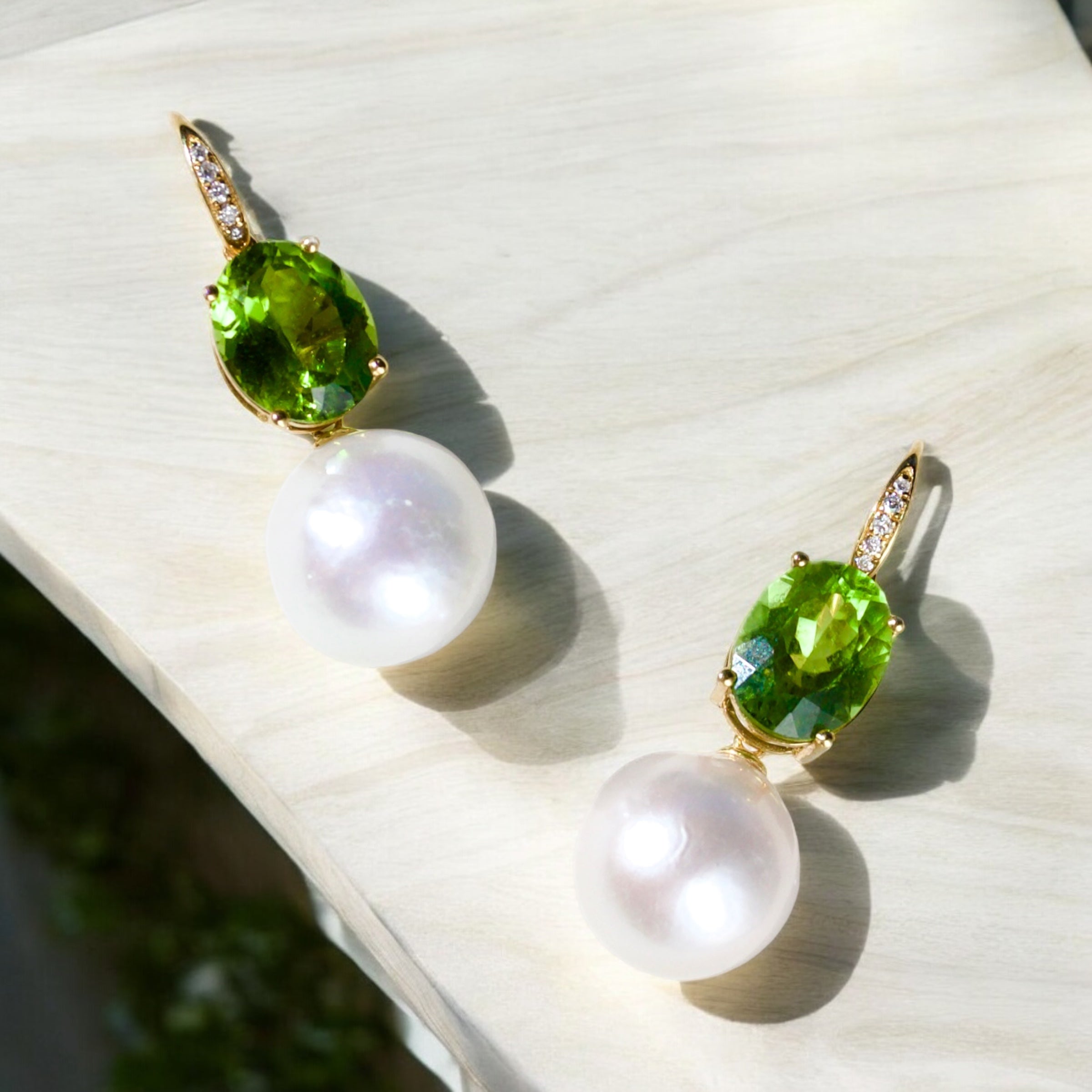 Radiant Oval Peridot Diamond Pearl Convertible Drop Earrings