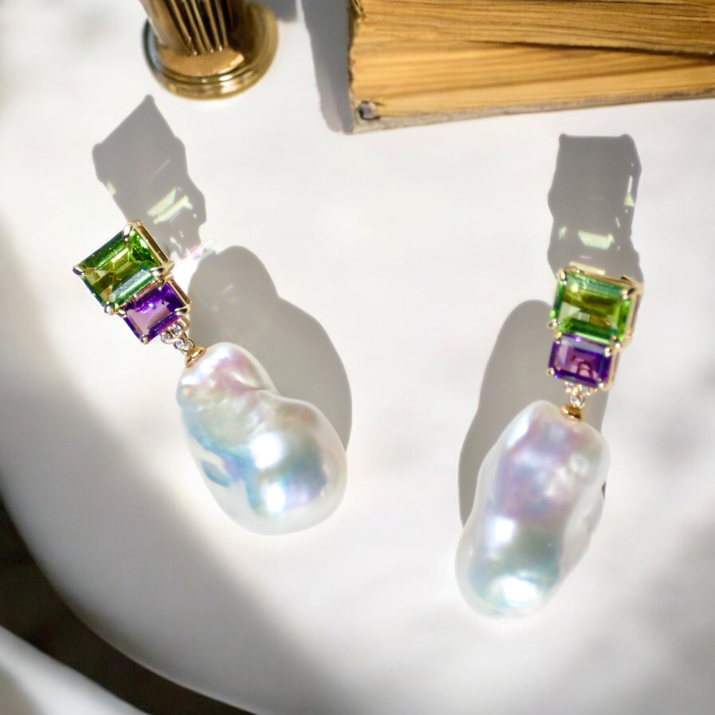 Fortune Peridot Amethyst Diamond Baroque Pearl Convertible Drop Earrings