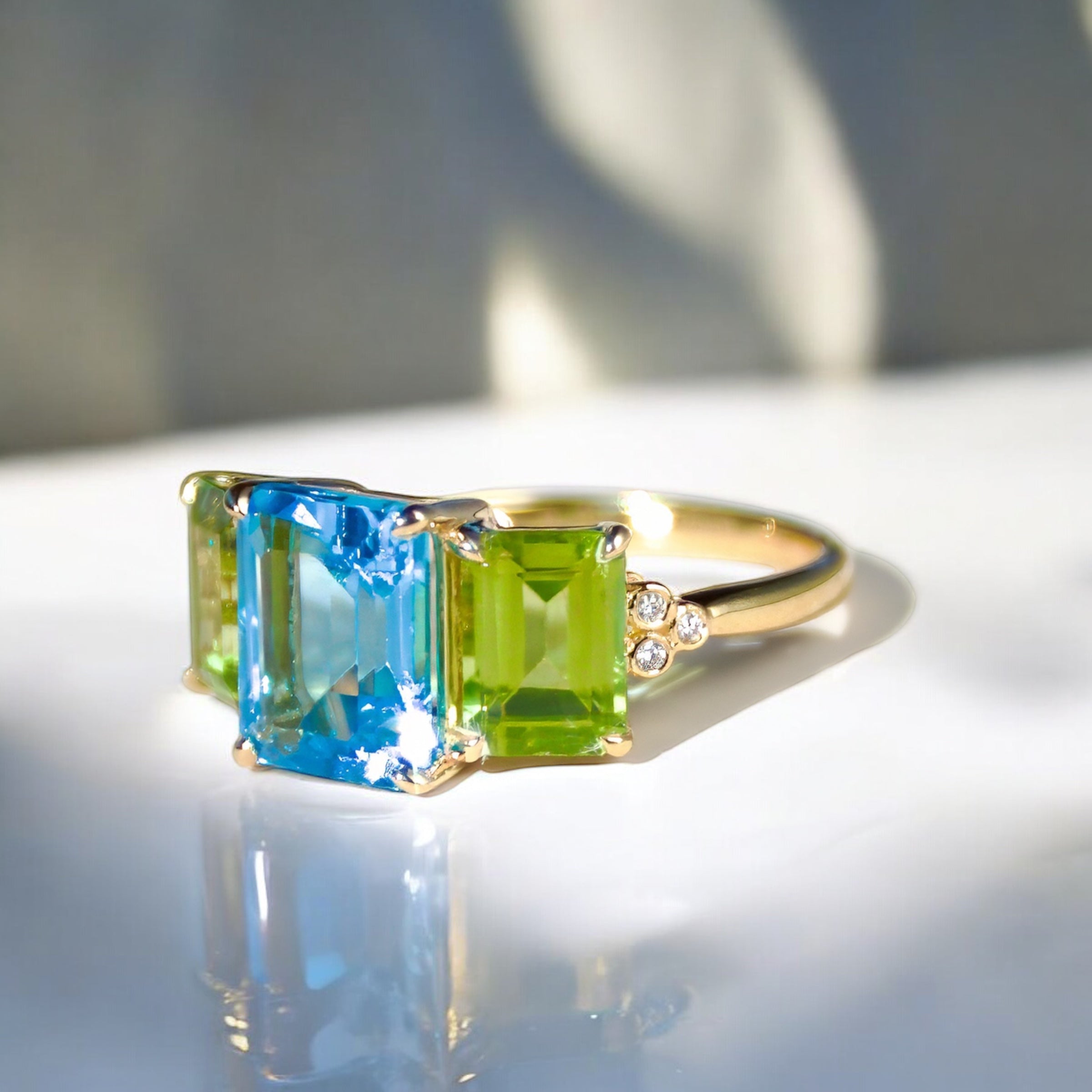 Fortune Topaz Peridot Diamond Three-Stone Ring
