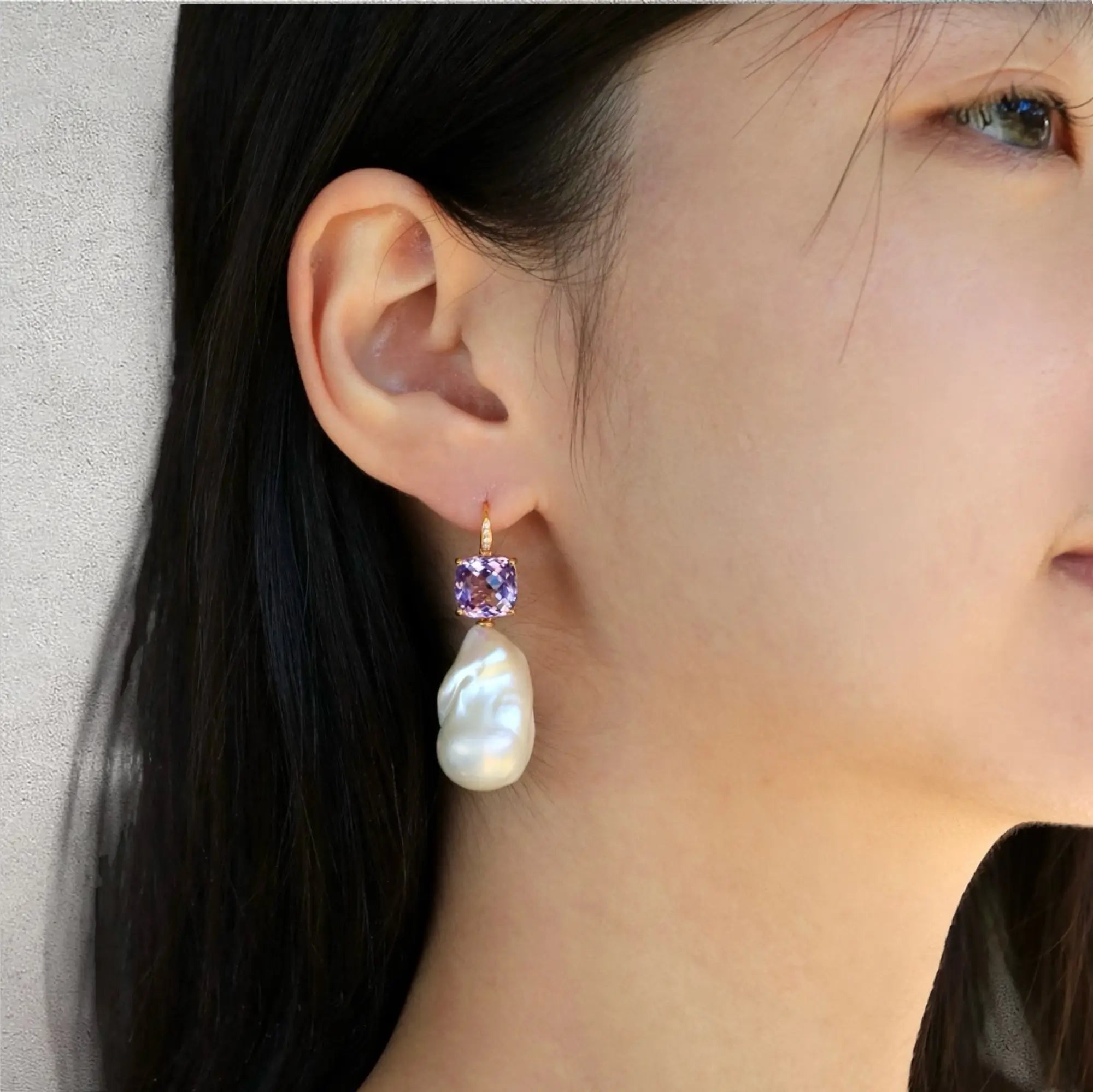 Radiant Cushion Amethyst Diamond Baroque Pearl Convertible Drop Earrings
