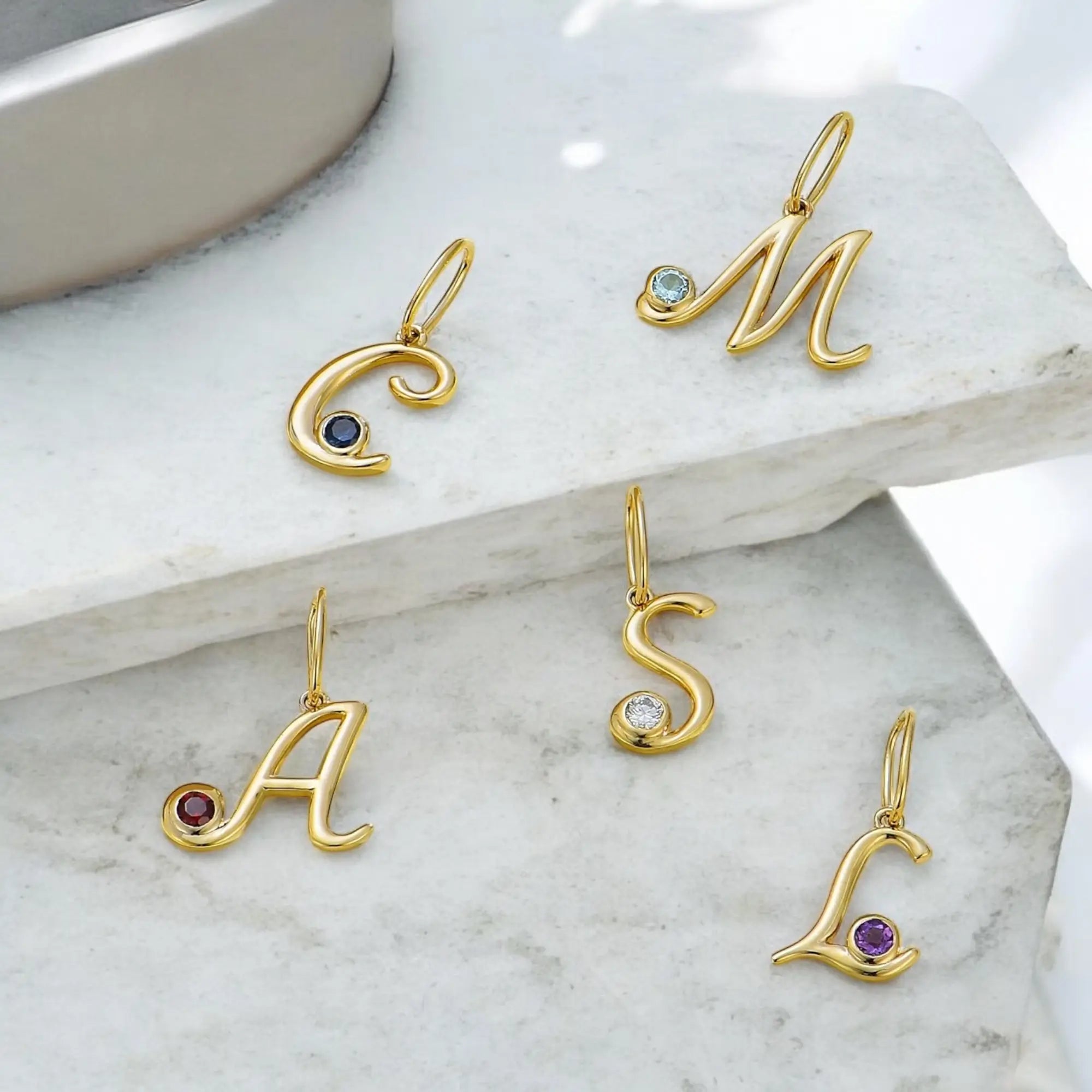 Cursive Initial Birthstone charms 14k yellow gold solid gold