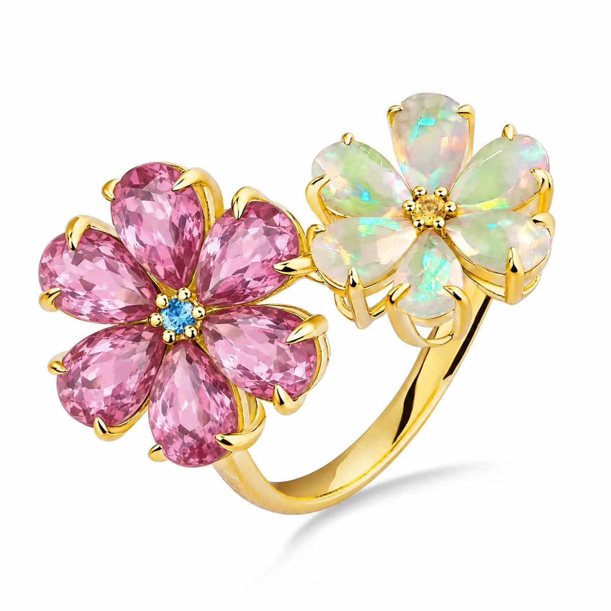 Custom Order – Flora Pink Tourmaline & Opal Cocktail Ring with Swiss Blue Topaz and Citrine